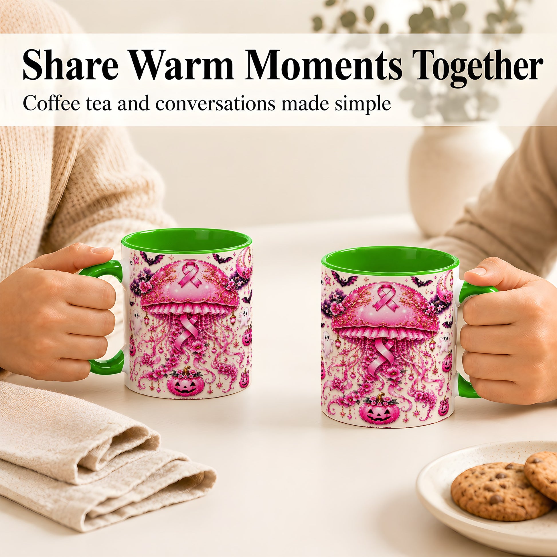 #pl[11oz|Green] Pink Ribbon Jellyfish Coffee Mug, Halloween Mug, Ceramic Cup