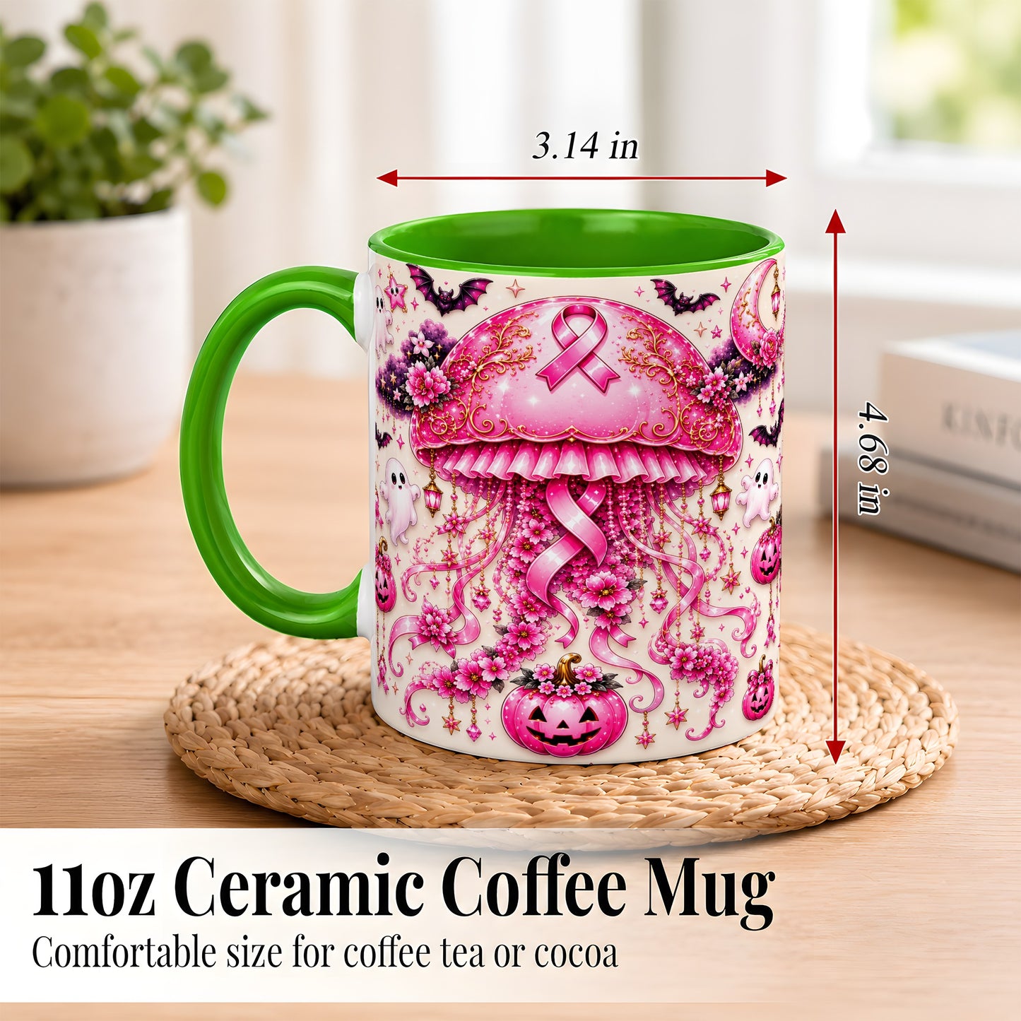 #pl[11oz|Green] Pink Ribbon Jellyfish Coffee Mug, Halloween Mug, Ceramic Cup