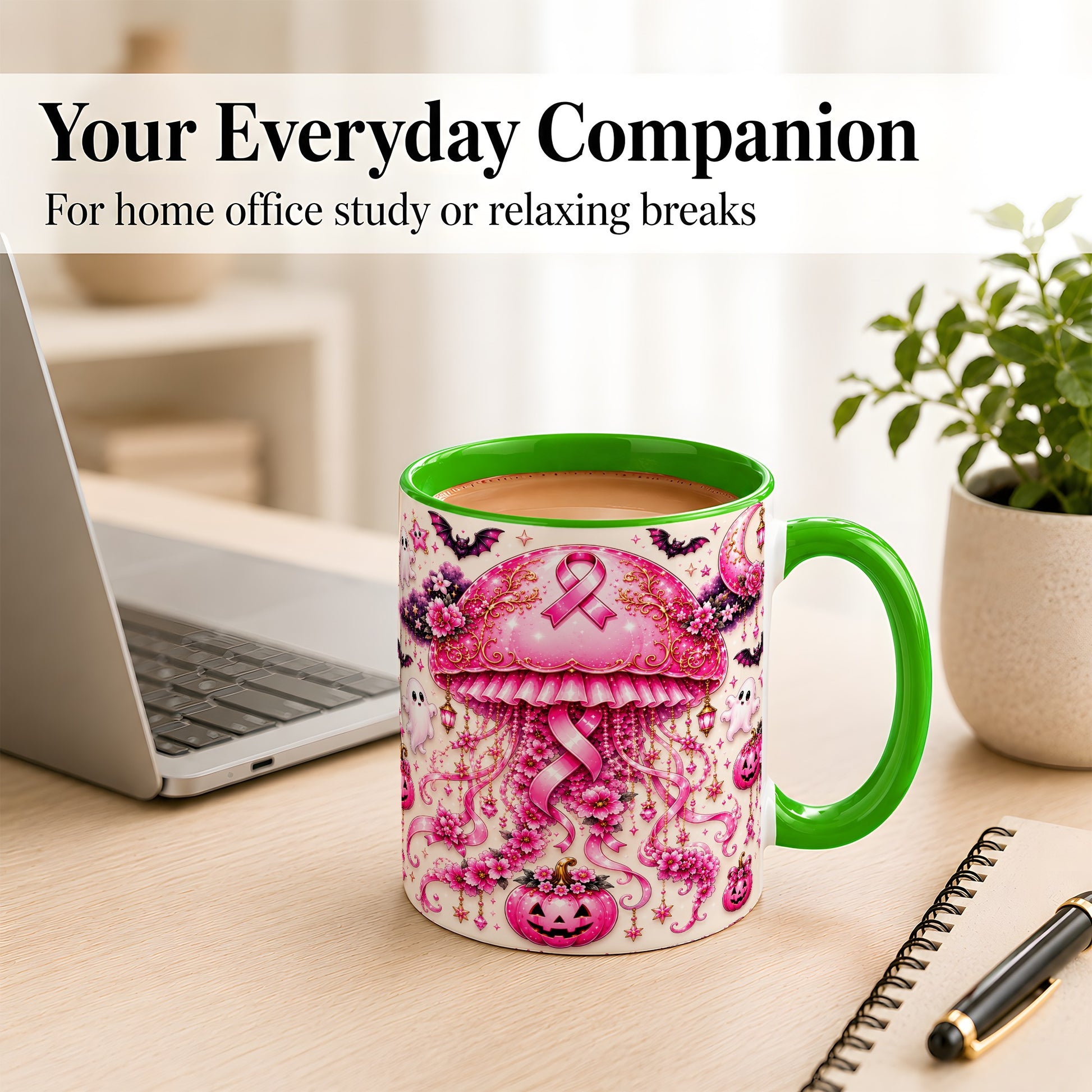 #pl[11oz|Green] Pink Ribbon Jellyfish Coffee Mug, Halloween Mug, Ceramic Cup
