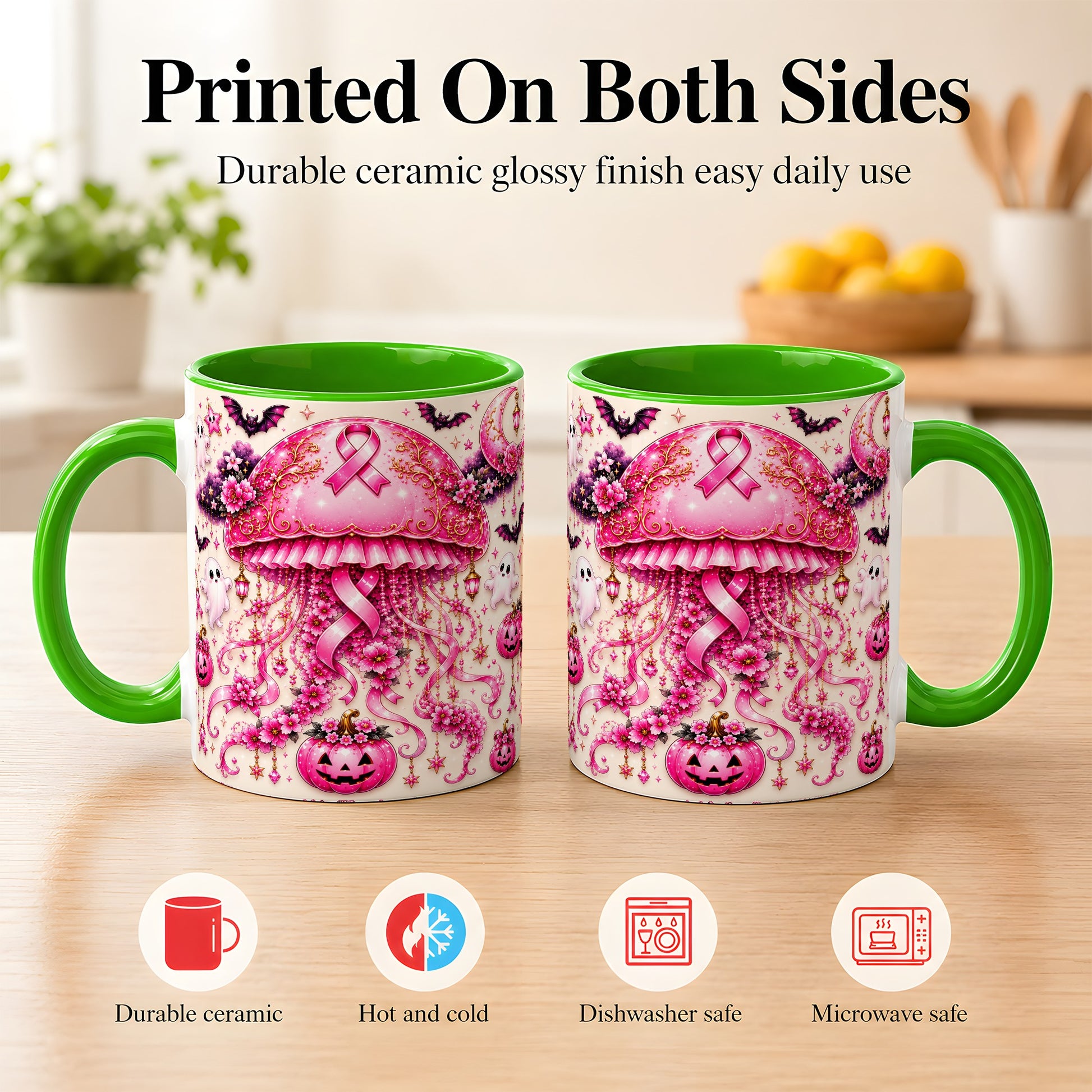 #pl[11oz|Green] Pink Ribbon Jellyfish Coffee Mug, Halloween Mug, Ceramic Cup