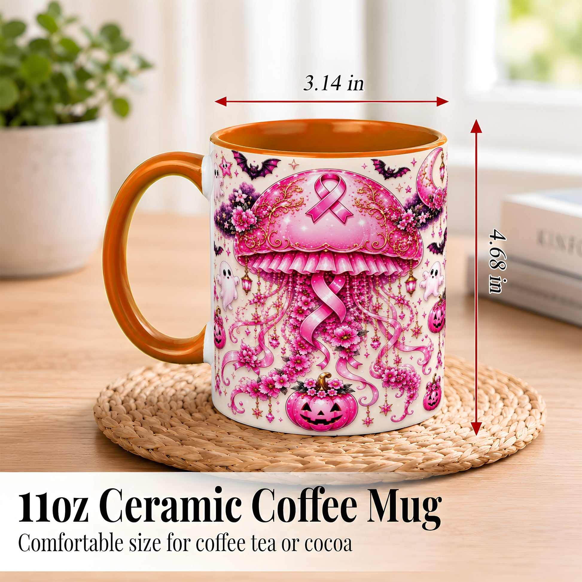 #pl[11oz|Orange] Pink Ribbon Jellyfish Coffee Mug, Halloween Mug, Ceramic Cup