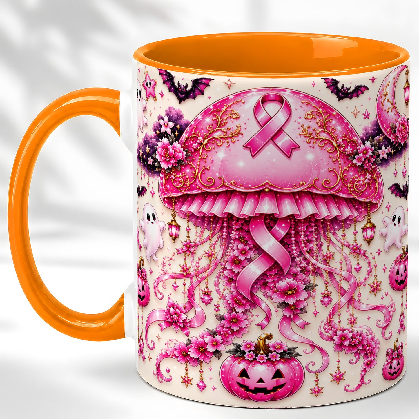 #pl[11oz|Orange] Pink Ribbon Jellyfish Coffee Mug, Halloween Mug, Ceramic Cup