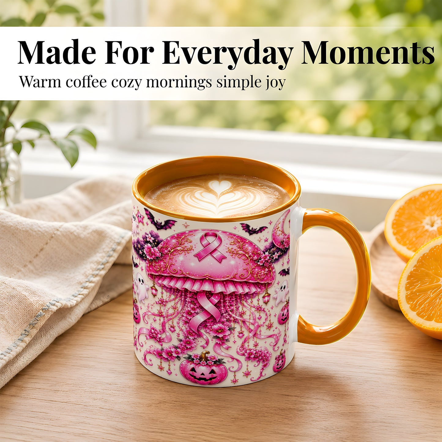 #pl[11oz|Orange] Pink Ribbon Jellyfish Coffee Mug, Halloween Mug, Ceramic Cup