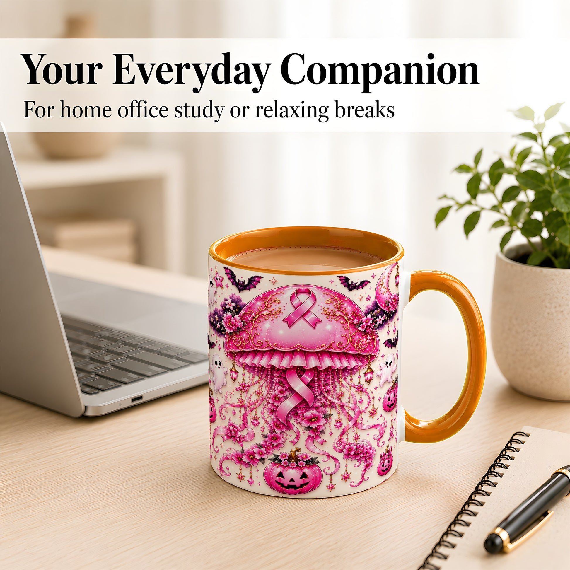 #pl[11oz|Orange] Pink Ribbon Jellyfish Coffee Mug, Halloween Mug, Ceramic Cup