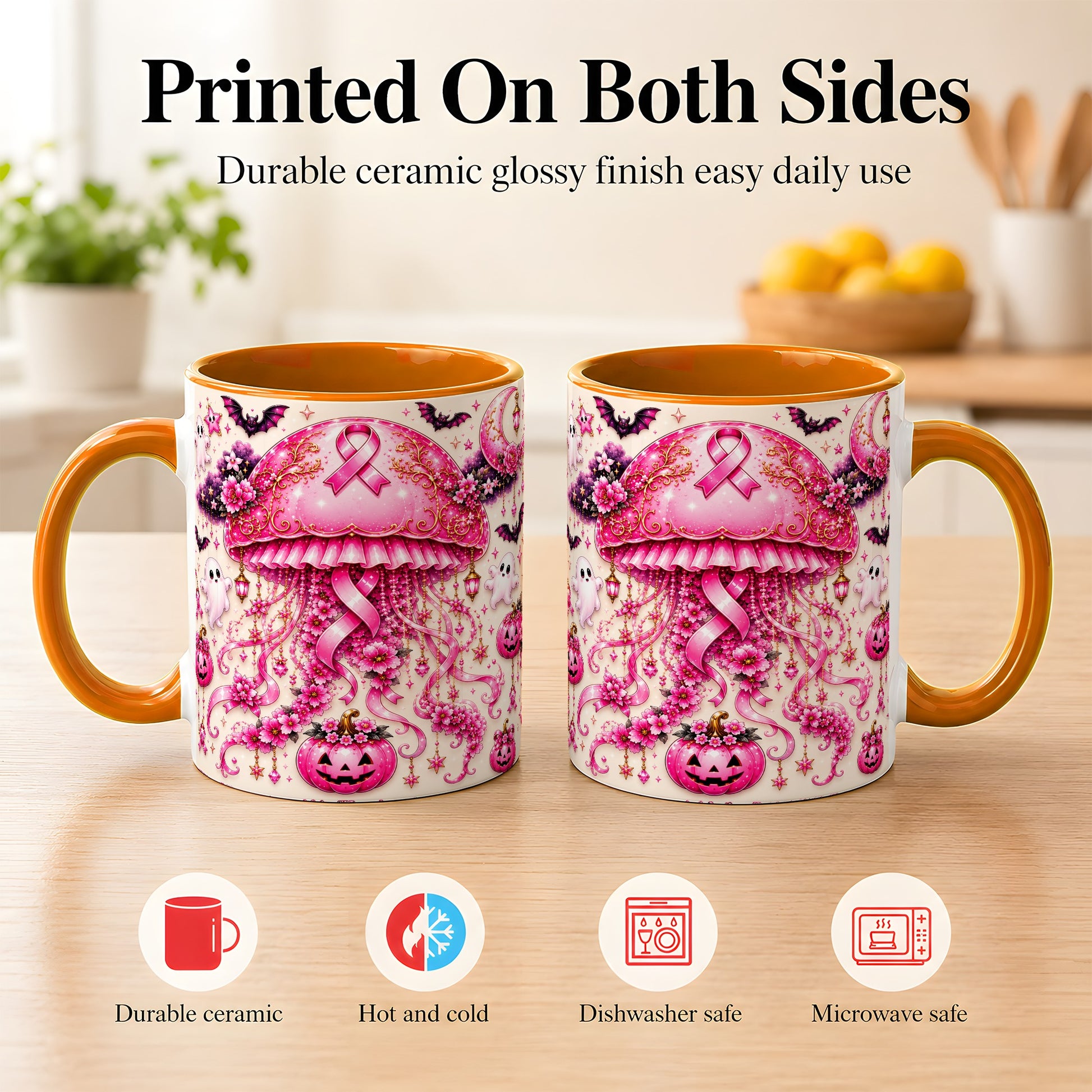 #pl[11oz|Orange] Pink Ribbon Jellyfish Coffee Mug, Halloween Mug, Ceramic Cup