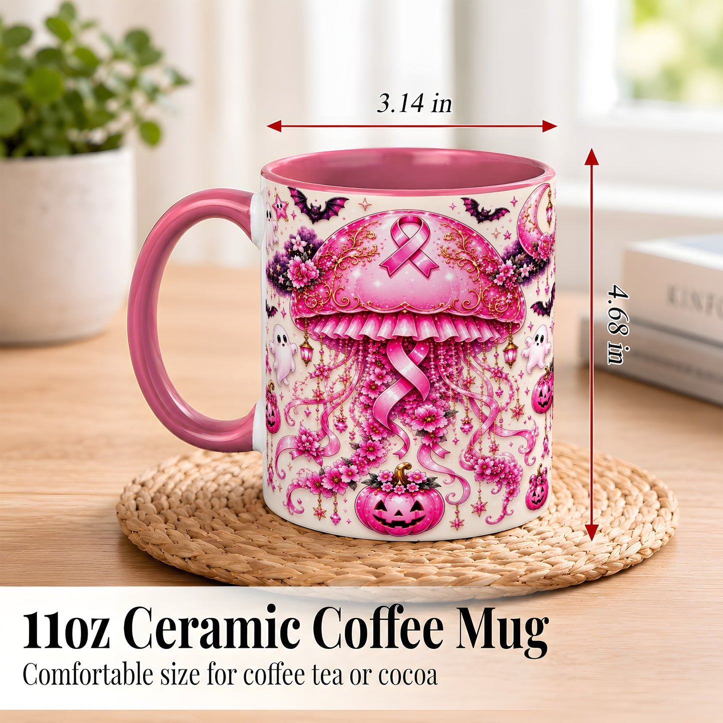 #pl[11oz|Pink] Pink Ribbon Jellyfish Coffee Mug, Halloween Mug, Ceramic Cup