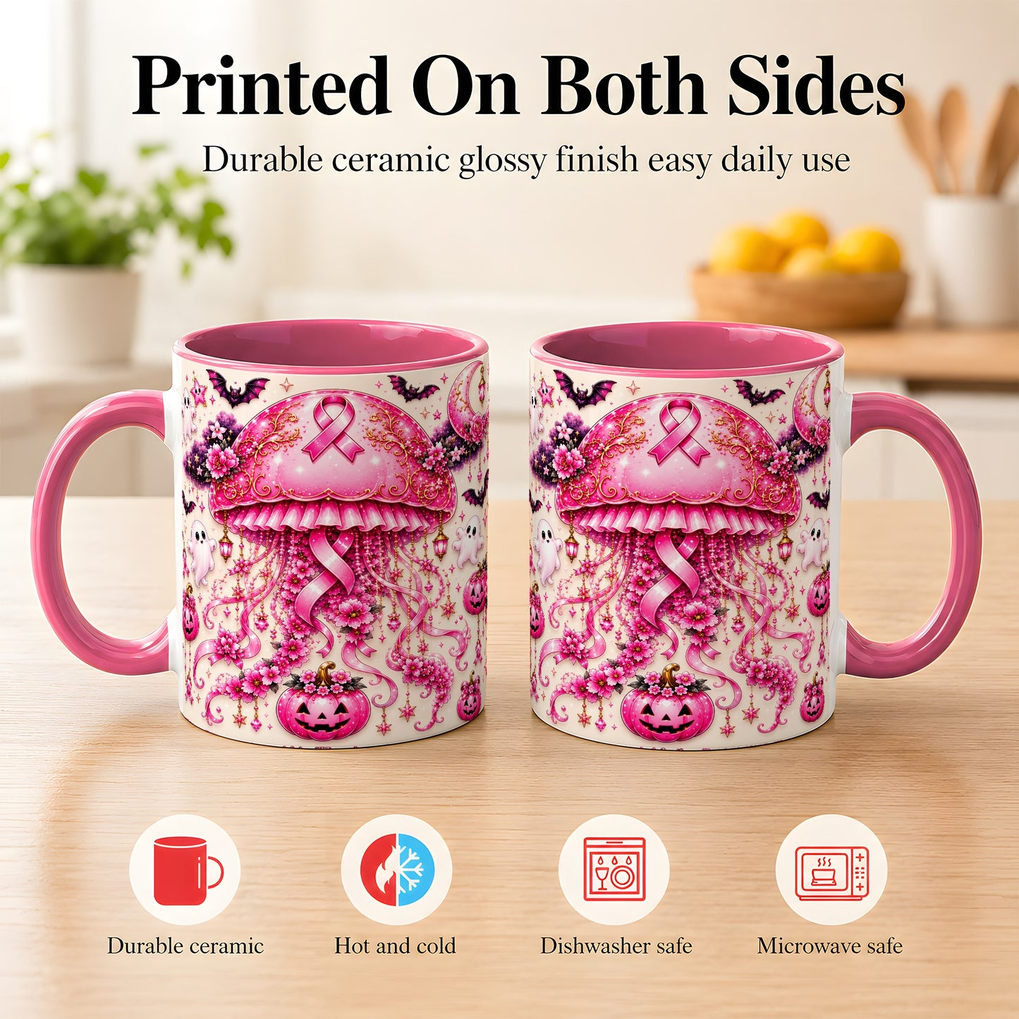 #pl[11oz|Pink] Pink Ribbon Jellyfish Coffee Mug, Halloween Mug, Ceramic Cup