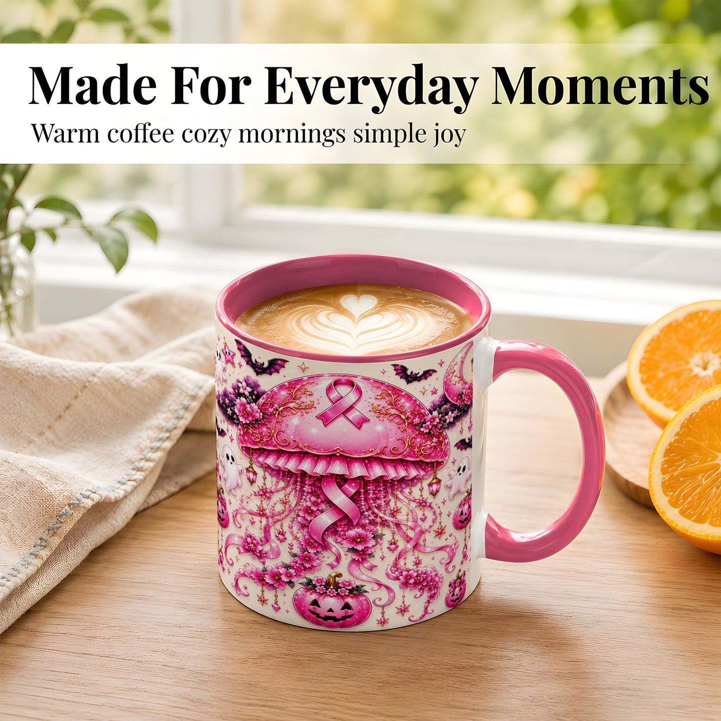 #pl[11oz|Pink] Pink Ribbon Jellyfish Coffee Mug, Halloween Mug, Ceramic Cup