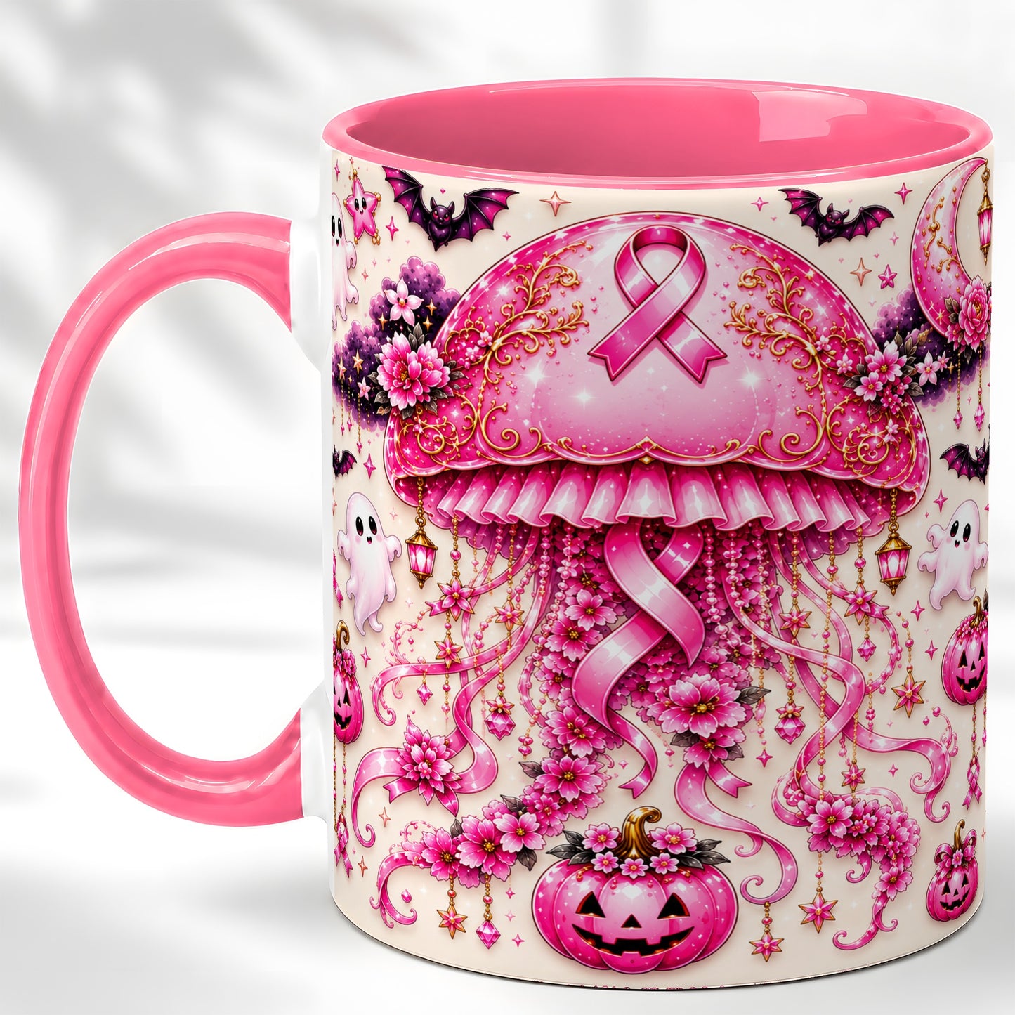 #pl[11oz|Pink] Pink Ribbon Jellyfish Coffee Mug, Halloween Mug, Ceramic Cup