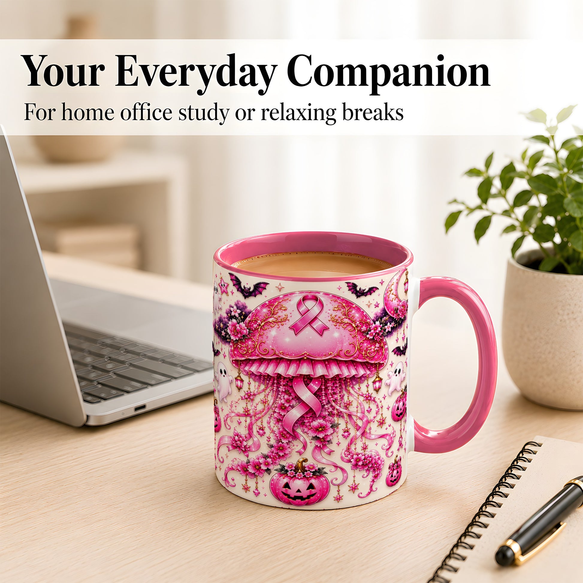 #pl[11oz|Pink] Pink Ribbon Jellyfish Coffee Mug, Halloween Mug, Ceramic Cup