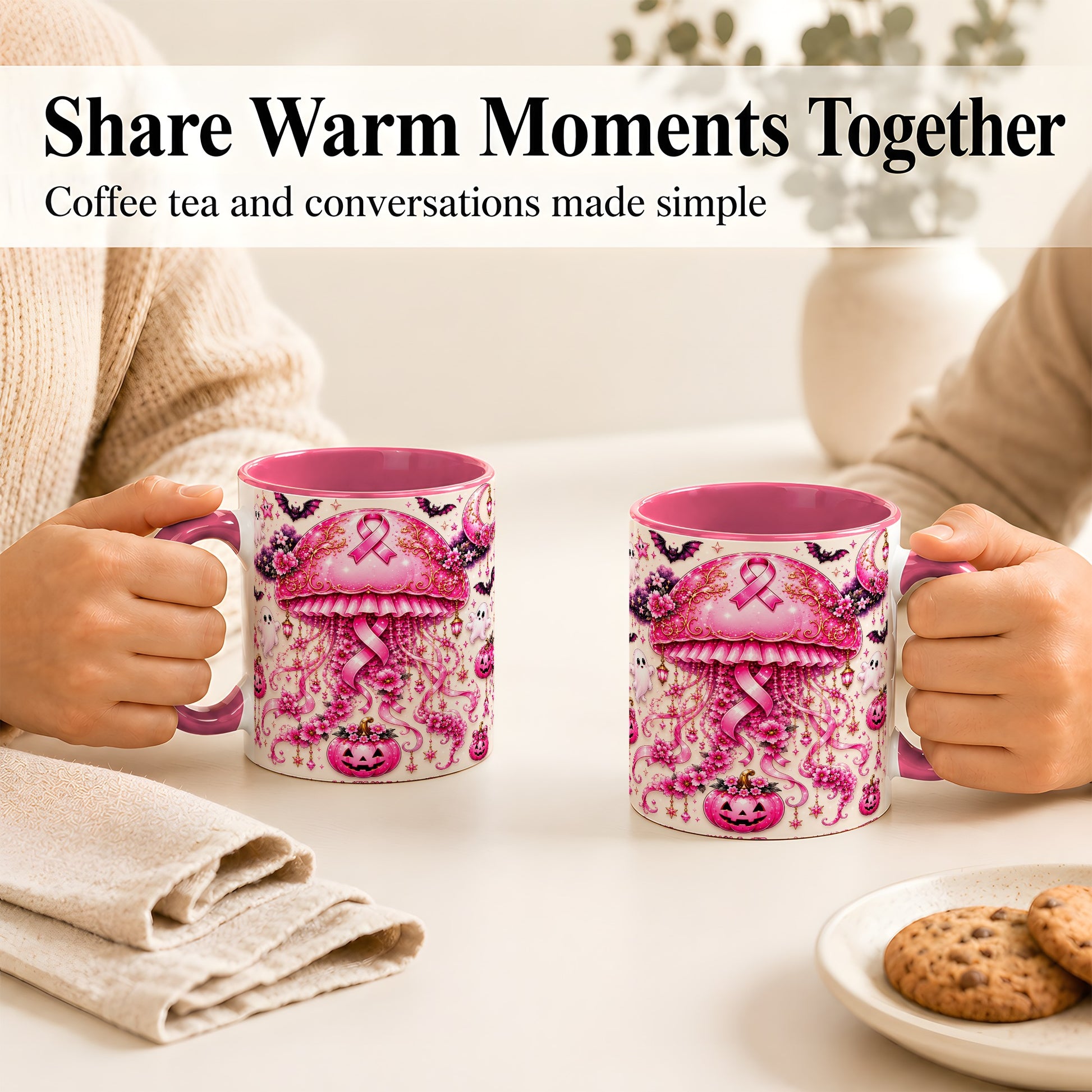#pl[11oz|Pink] Pink Ribbon Jellyfish Coffee Mug, Halloween Mug, Ceramic Cup