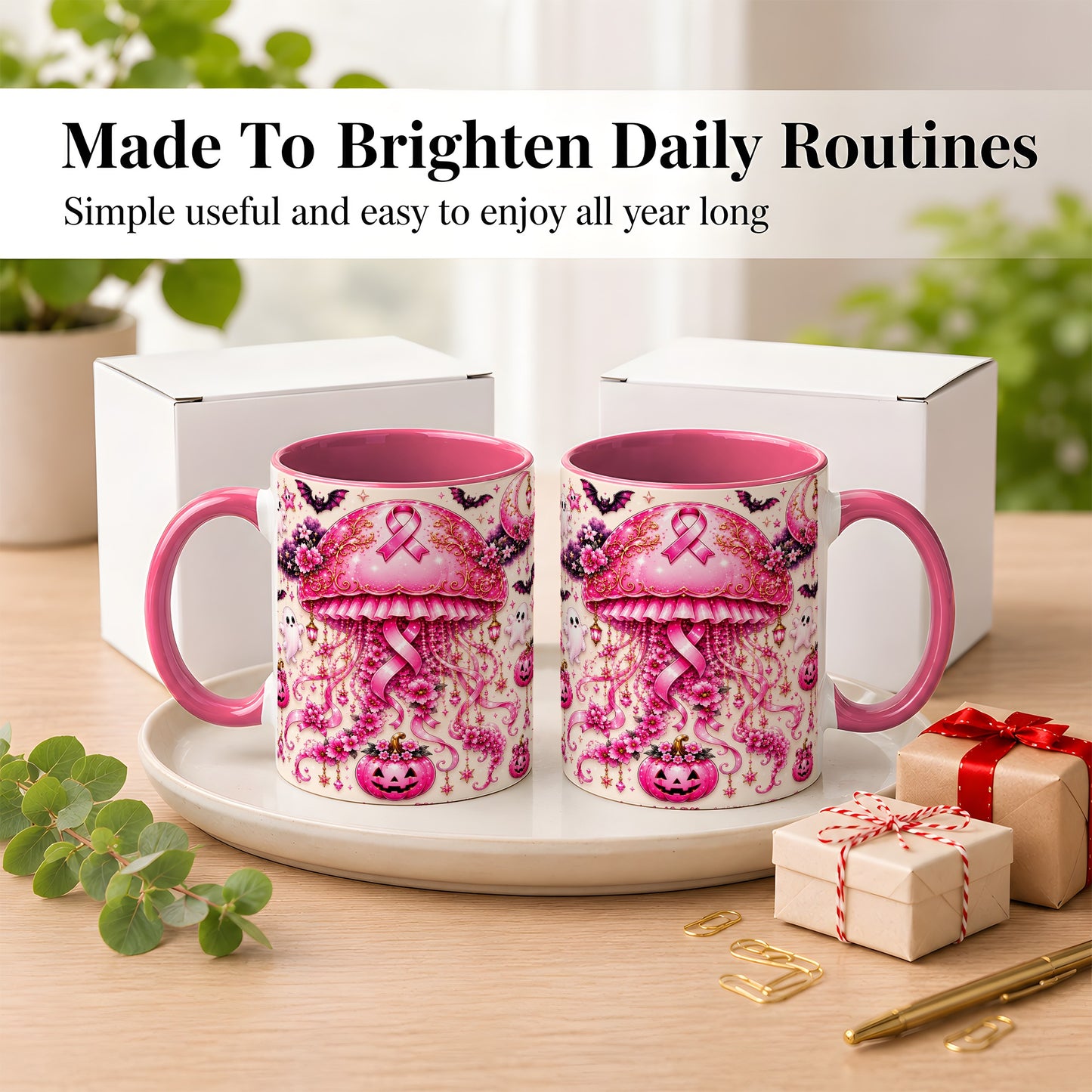 #pl[11oz|Pink] Pink Ribbon Jellyfish Coffee Mug, Halloween Mug, Ceramic Cup