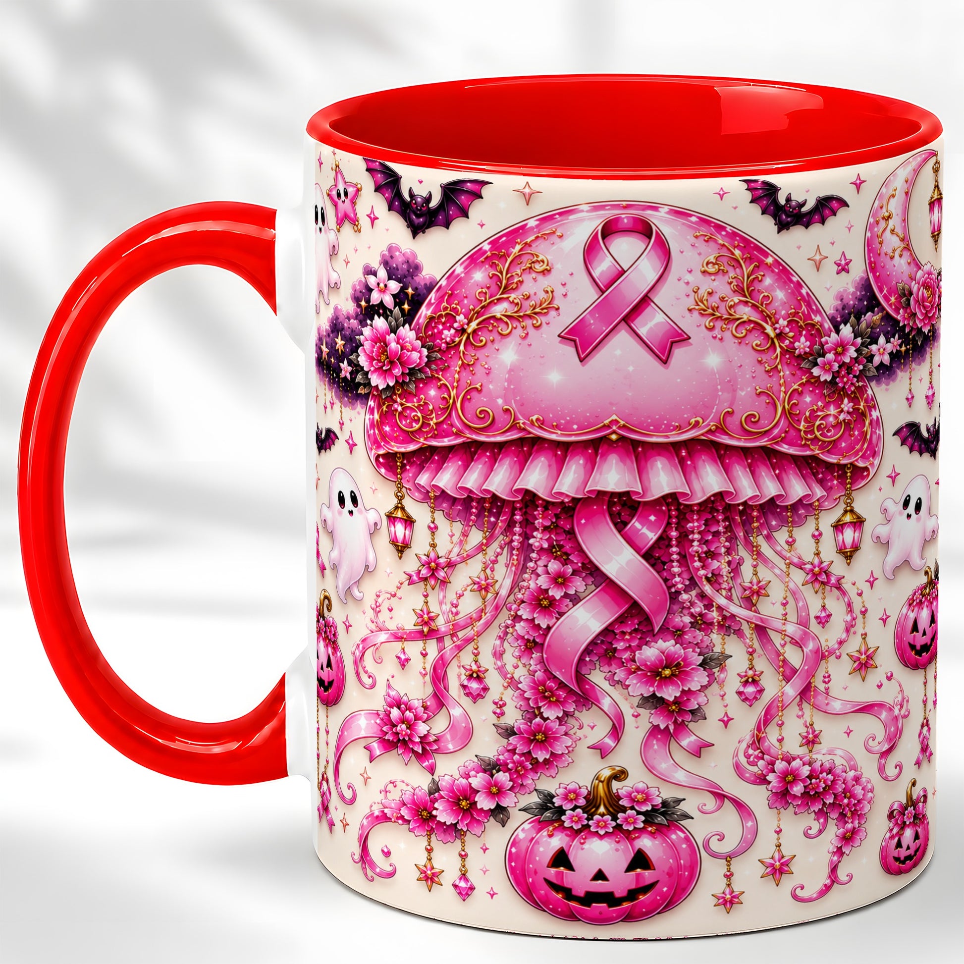 #pl[11oz|Red] Pink Ribbon Jellyfish Coffee Mug, Halloween Mug, Ceramic Cup