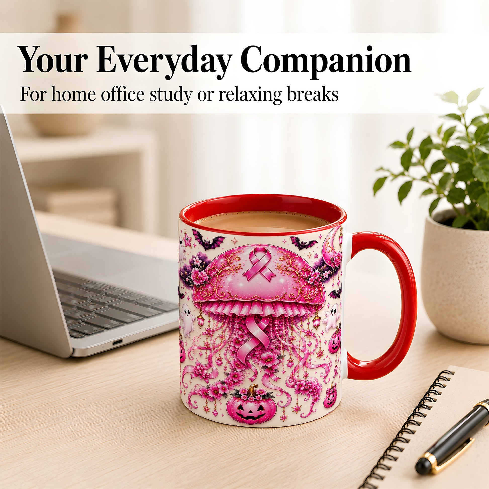 #pl[11oz|Red] Pink Ribbon Jellyfish Coffee Mug, Halloween Mug, Ceramic Cup