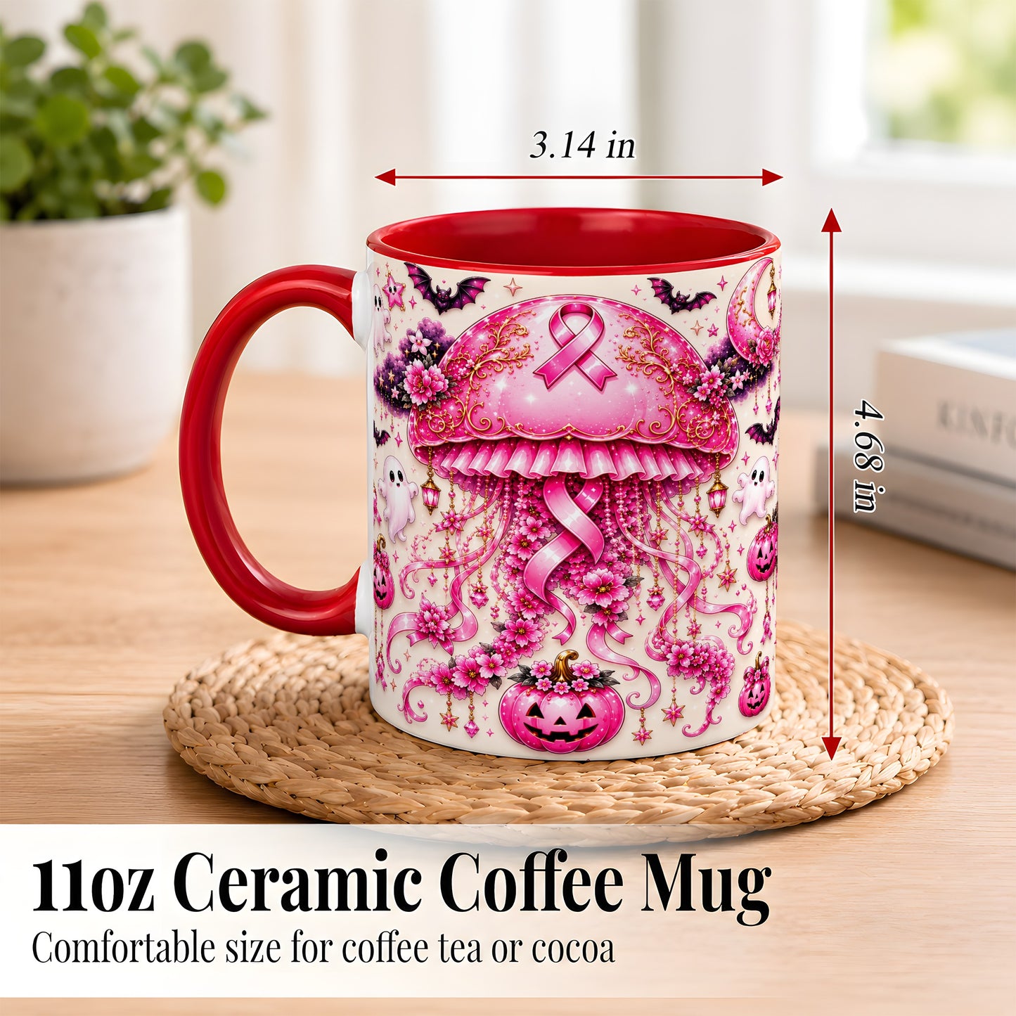 #pl[11oz|Red] Pink Ribbon Jellyfish Coffee Mug, Halloween Mug, Ceramic Cup
