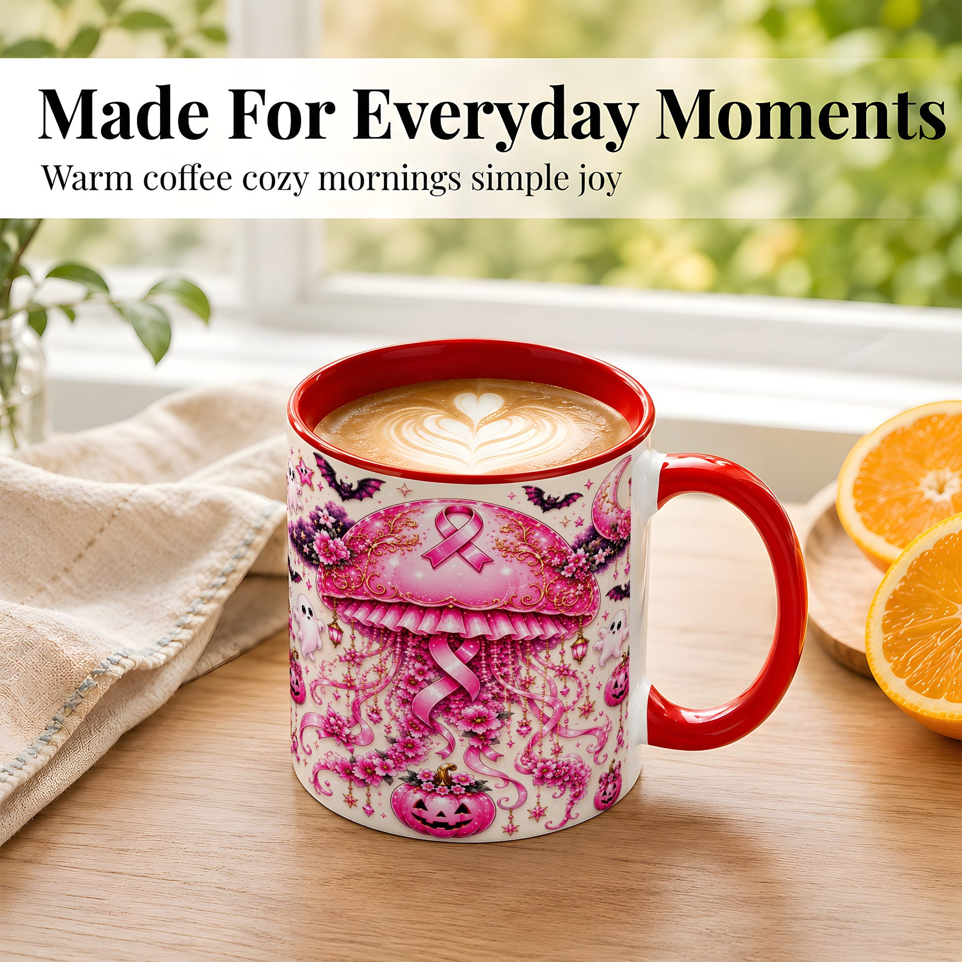 #pl[11oz|Red] Pink Ribbon Jellyfish Coffee Mug, Halloween Mug, Ceramic Cup