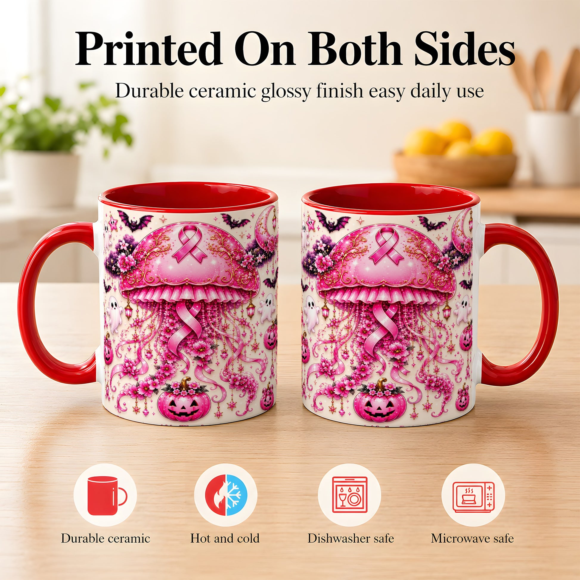 #pl[11oz|Red] Pink Ribbon Jellyfish Coffee Mug, Halloween Mug, Ceramic Cup
