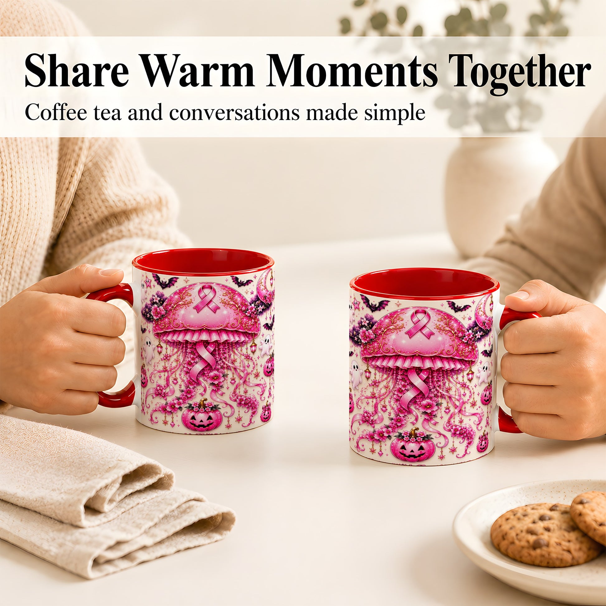 #pl[11oz|Red] Pink Ribbon Jellyfish Coffee Mug, Halloween Mug, Ceramic Cup