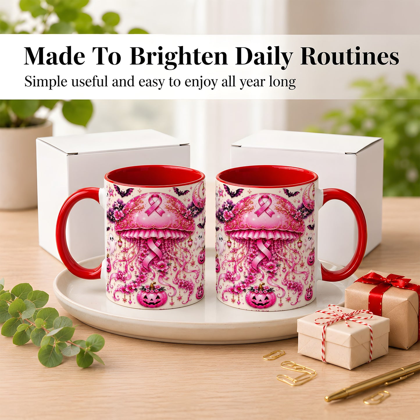 #pl[11oz|Red] Pink Ribbon Jellyfish Coffee Mug, Halloween Mug, Ceramic Cup