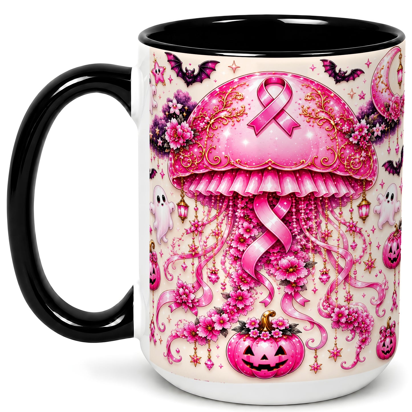 #pl[15oz|Black] Pink Ribbon Jellyfish Coffee Mug, Halloween Mug, Ceramic Cup