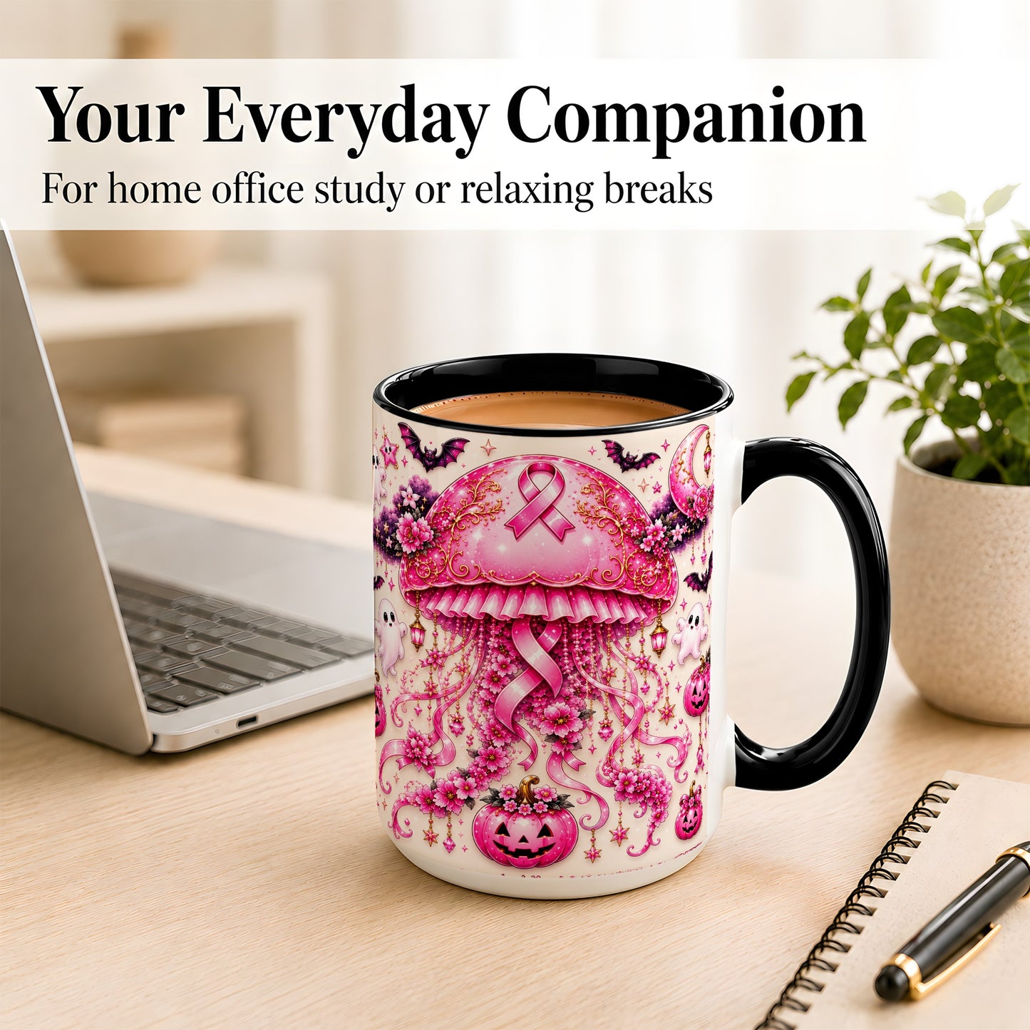 #pl[15oz|Black] Pink Ribbon Jellyfish Coffee Mug, Halloween Mug, Ceramic Cup