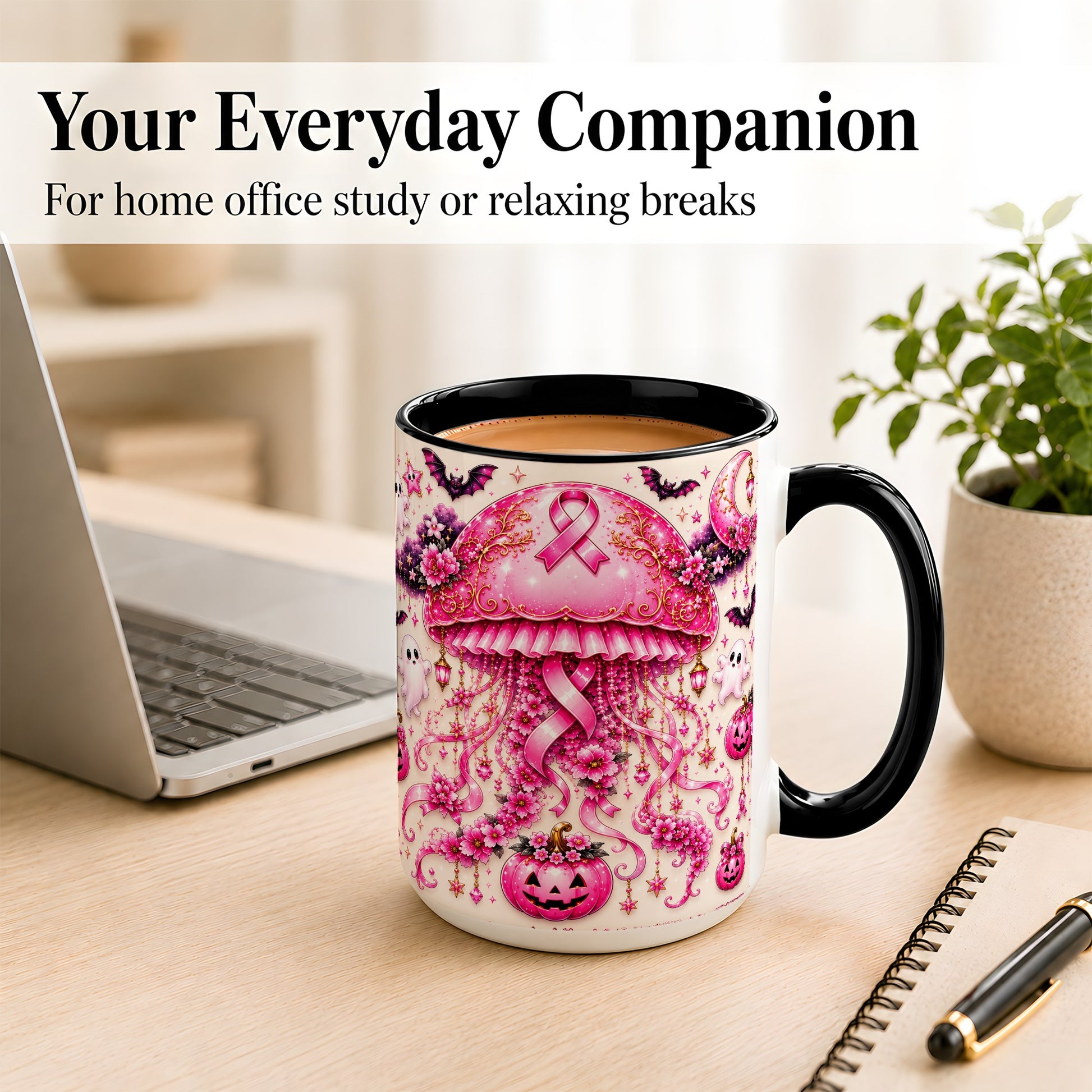 #pl[15oz|Black] Pink Ribbon Jellyfish Coffee Mug, Halloween Mug, Ceramic Cup