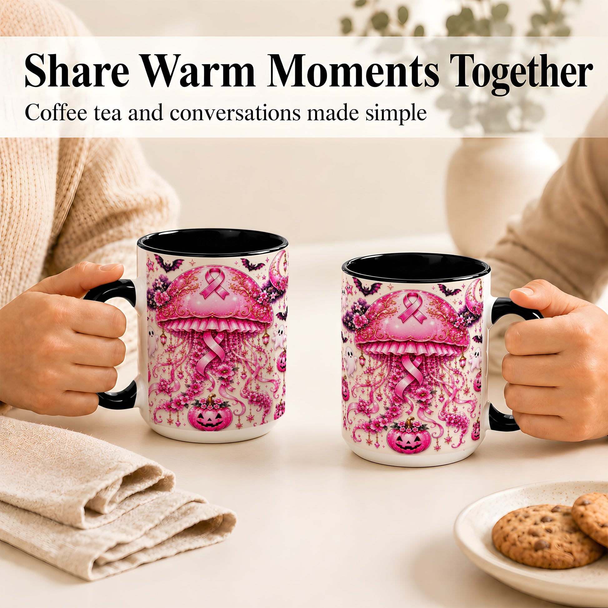 #pl[15oz|Black] Pink Ribbon Jellyfish Coffee Mug, Halloween Mug, Ceramic Cup