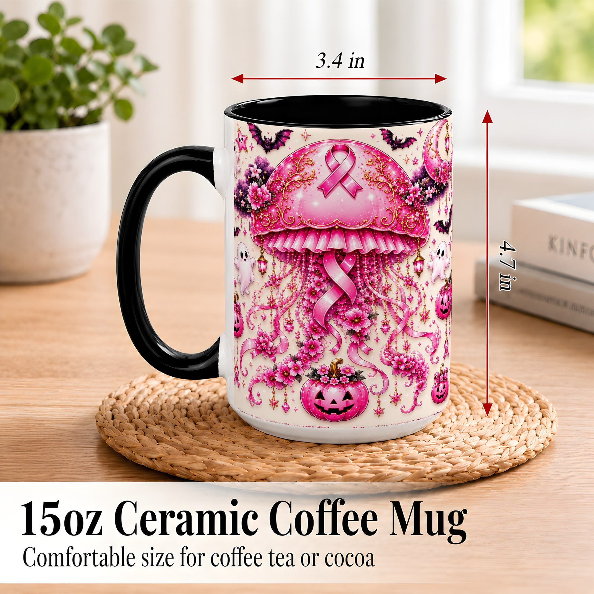 #pl[15oz|Black] Pink Ribbon Jellyfish Coffee Mug, Halloween Mug, Ceramic Cup