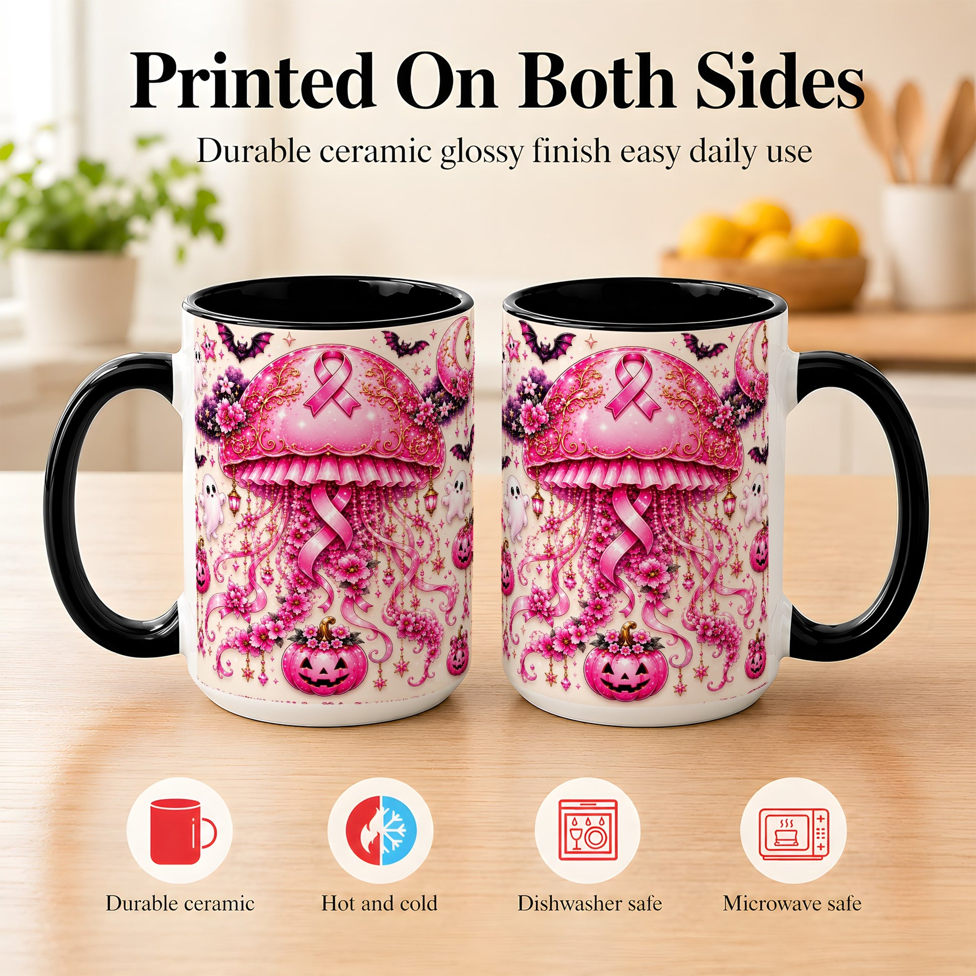 #pl[15oz|Black] Pink Ribbon Jellyfish Coffee Mug, Halloween Mug, Ceramic Cup