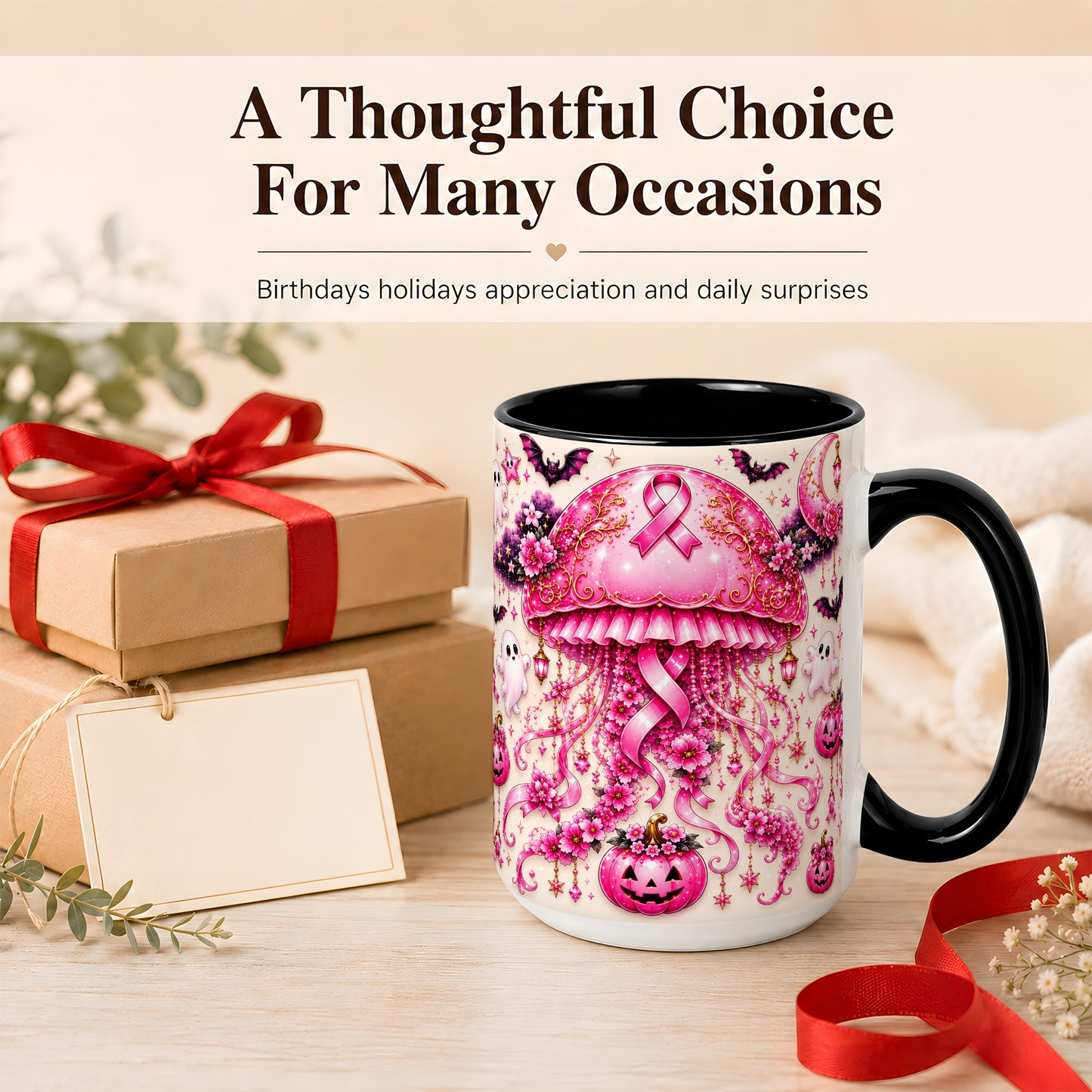 #pl[15oz|Black] Pink Ribbon Jellyfish Coffee Mug, Halloween Mug, Ceramic Cup