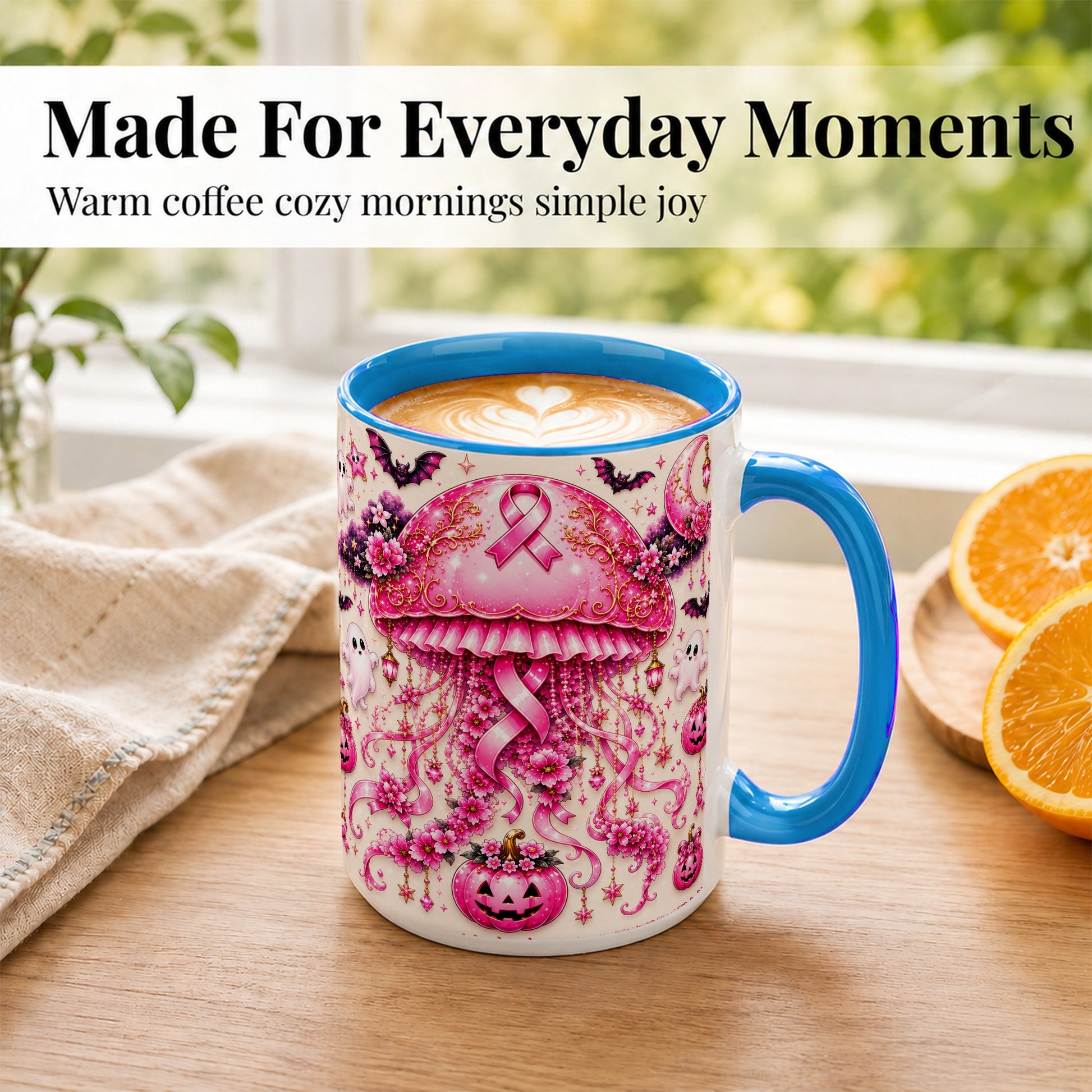 #pl[15oz|Blue] Pink Ribbon Jellyfish Coffee Mug, Halloween Mug, Ceramic Cup