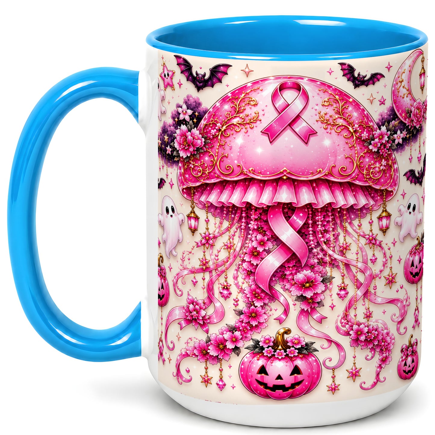 #pl[15oz|Blue] Pink Ribbon Jellyfish Coffee Mug, Halloween Mug, Ceramic Cup