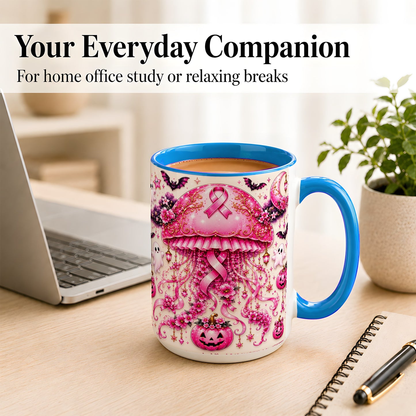 #pl[15oz|Blue] Pink Ribbon Jellyfish Coffee Mug, Halloween Mug, Ceramic Cup