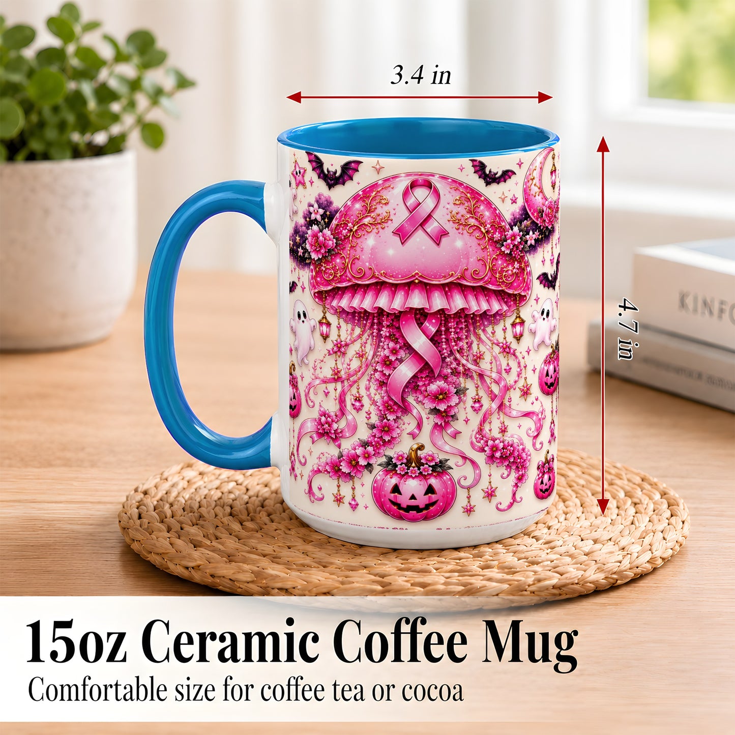 #pl[15oz|Blue] Pink Ribbon Jellyfish Coffee Mug, Halloween Mug, Ceramic Cup