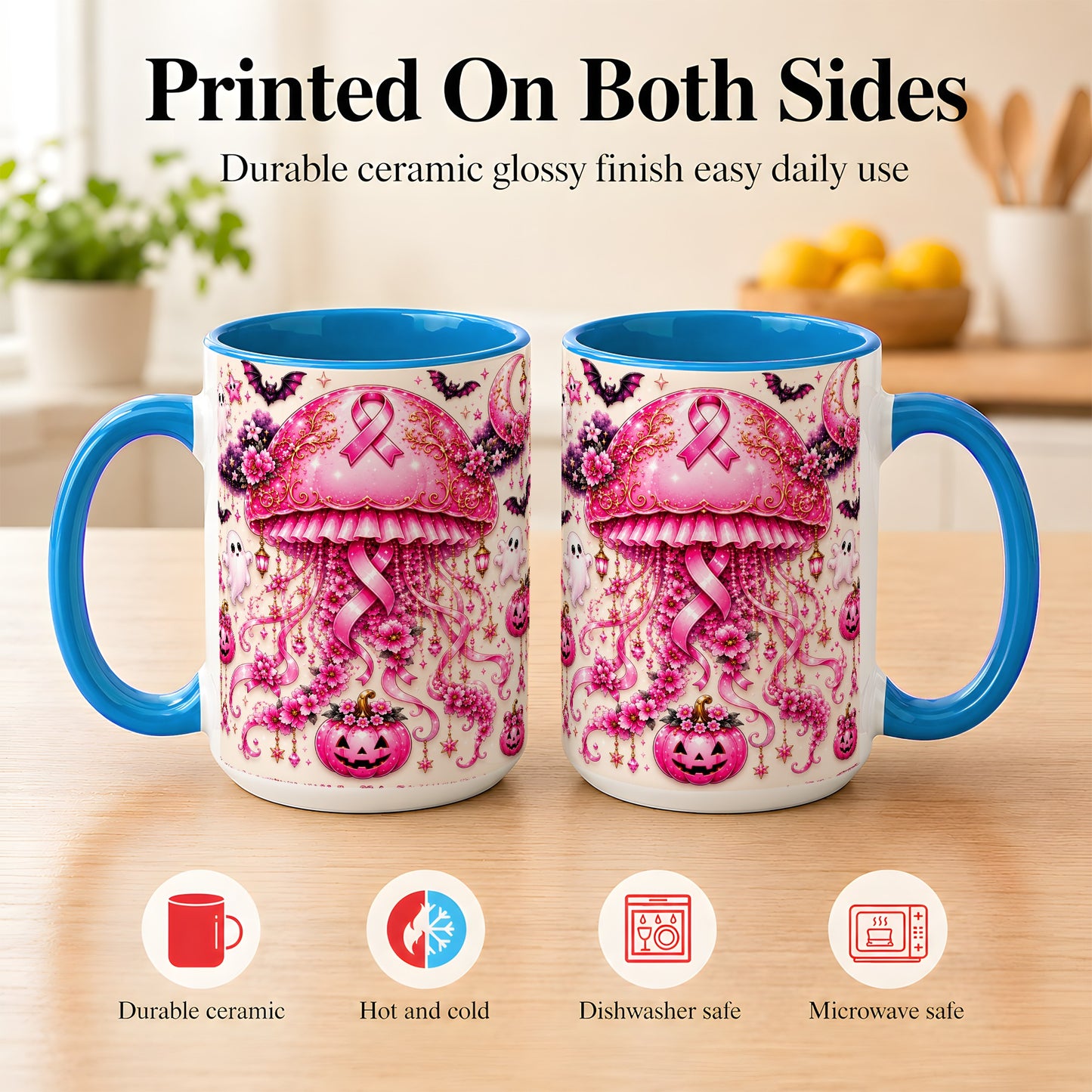 #pl[15oz|Blue] Pink Ribbon Jellyfish Coffee Mug, Halloween Mug, Ceramic Cup