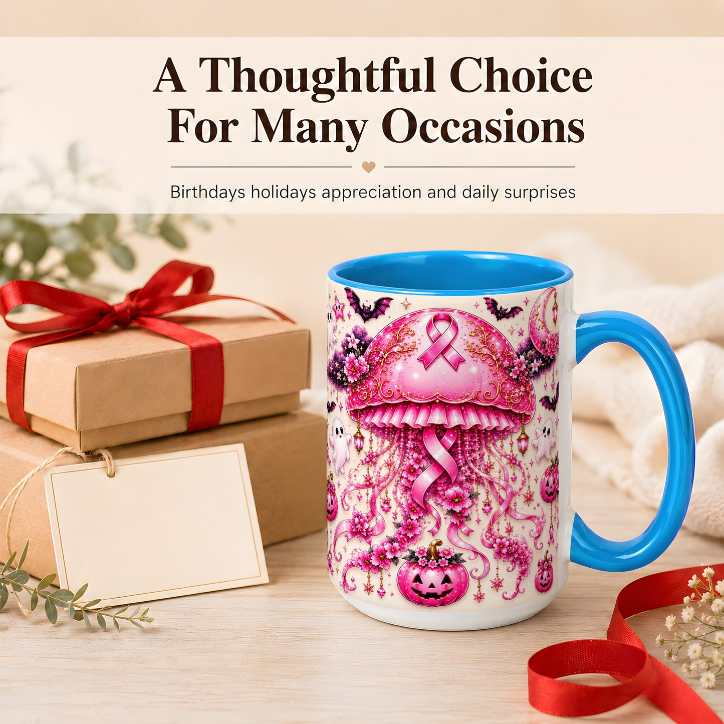 #pl[15oz|Blue] Pink Ribbon Jellyfish Coffee Mug, Halloween Mug, Ceramic Cup