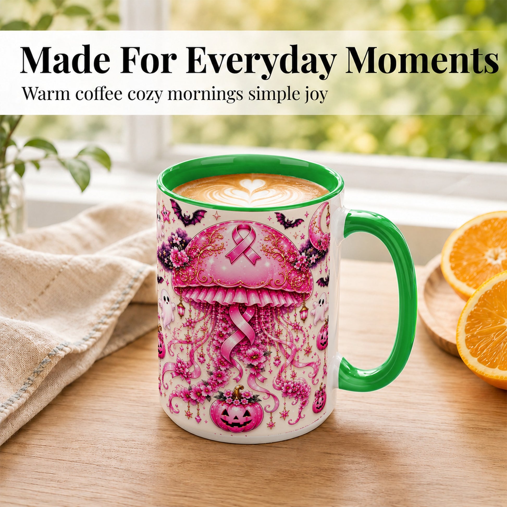 #pl[15oz|Green] Pink Ribbon Jellyfish Coffee Mug, Halloween Mug, Ceramic Cup