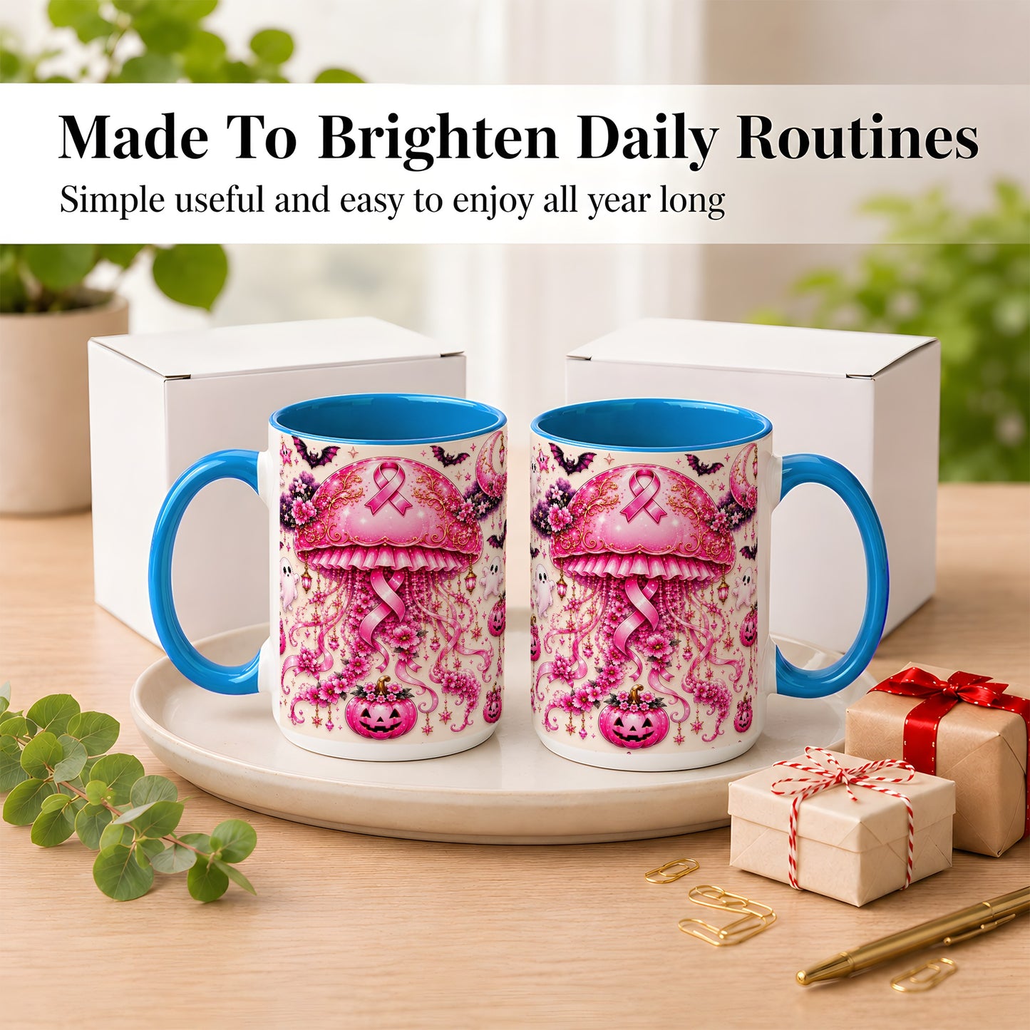 #pl[15oz|Blue] Pink Ribbon Jellyfish Coffee Mug, Halloween Mug, Ceramic Cup