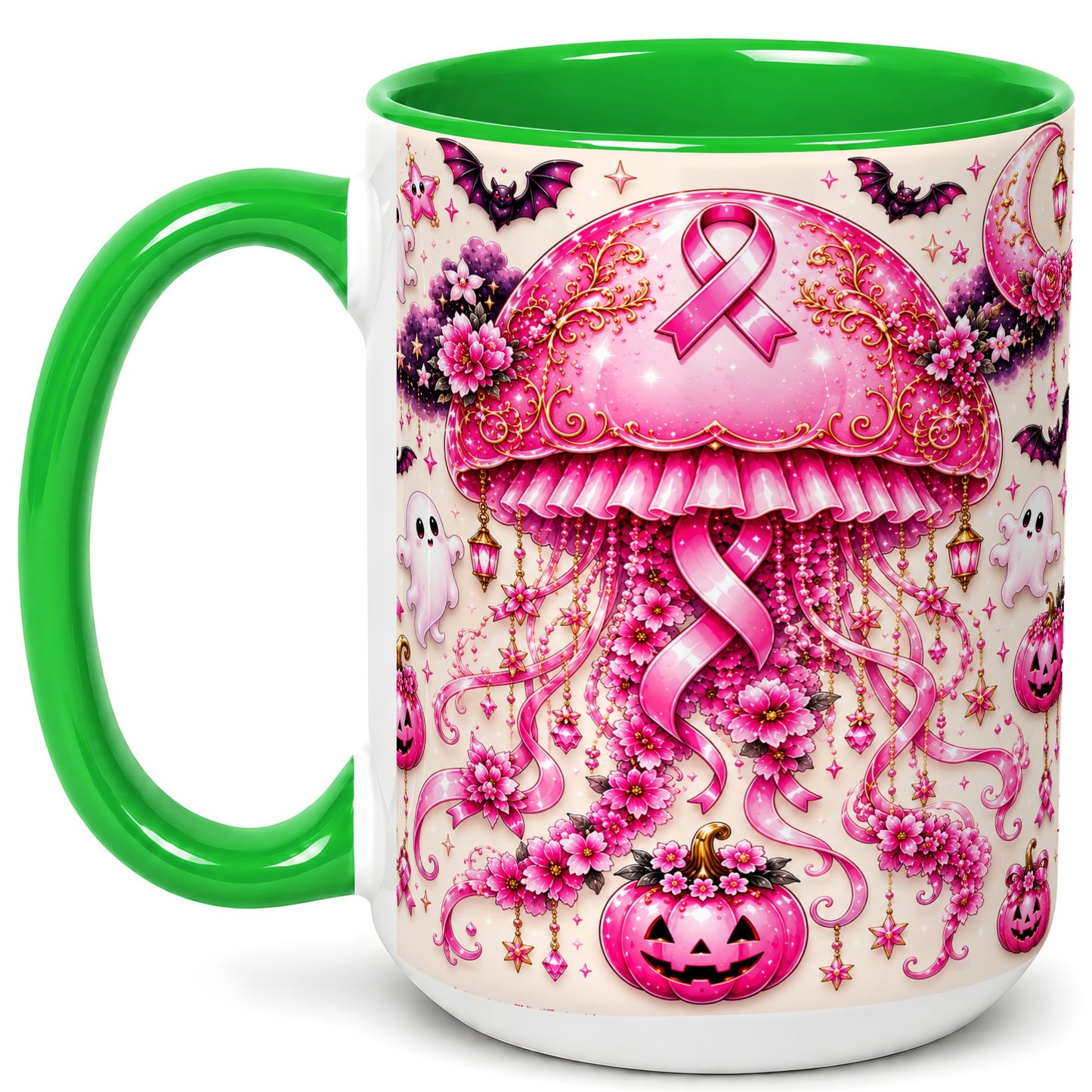 #pl[15oz|Green] Pink Ribbon Jellyfish Coffee Mug, Halloween Mug, Ceramic Cup
