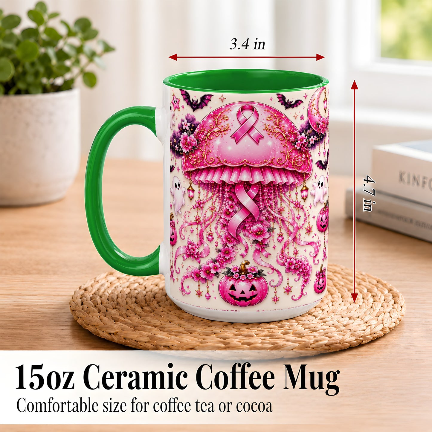 #pl[15oz|Green] Pink Ribbon Jellyfish Coffee Mug, Halloween Mug, Ceramic Cup