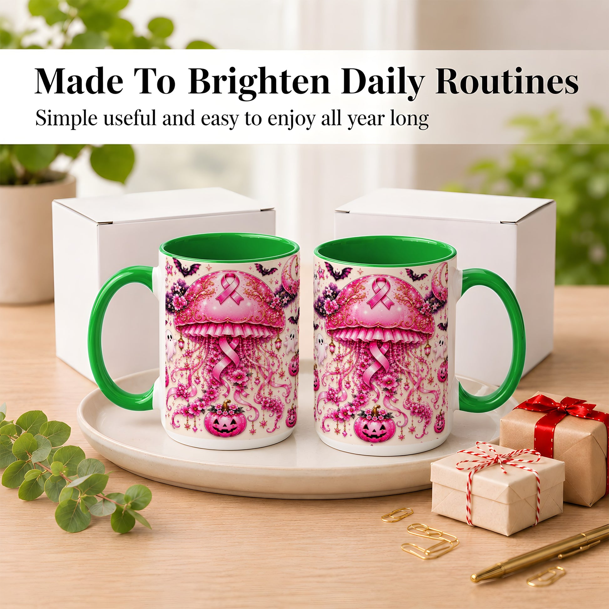#pl[15oz|Green] Pink Ribbon Jellyfish Coffee Mug, Halloween Mug, Ceramic Cup