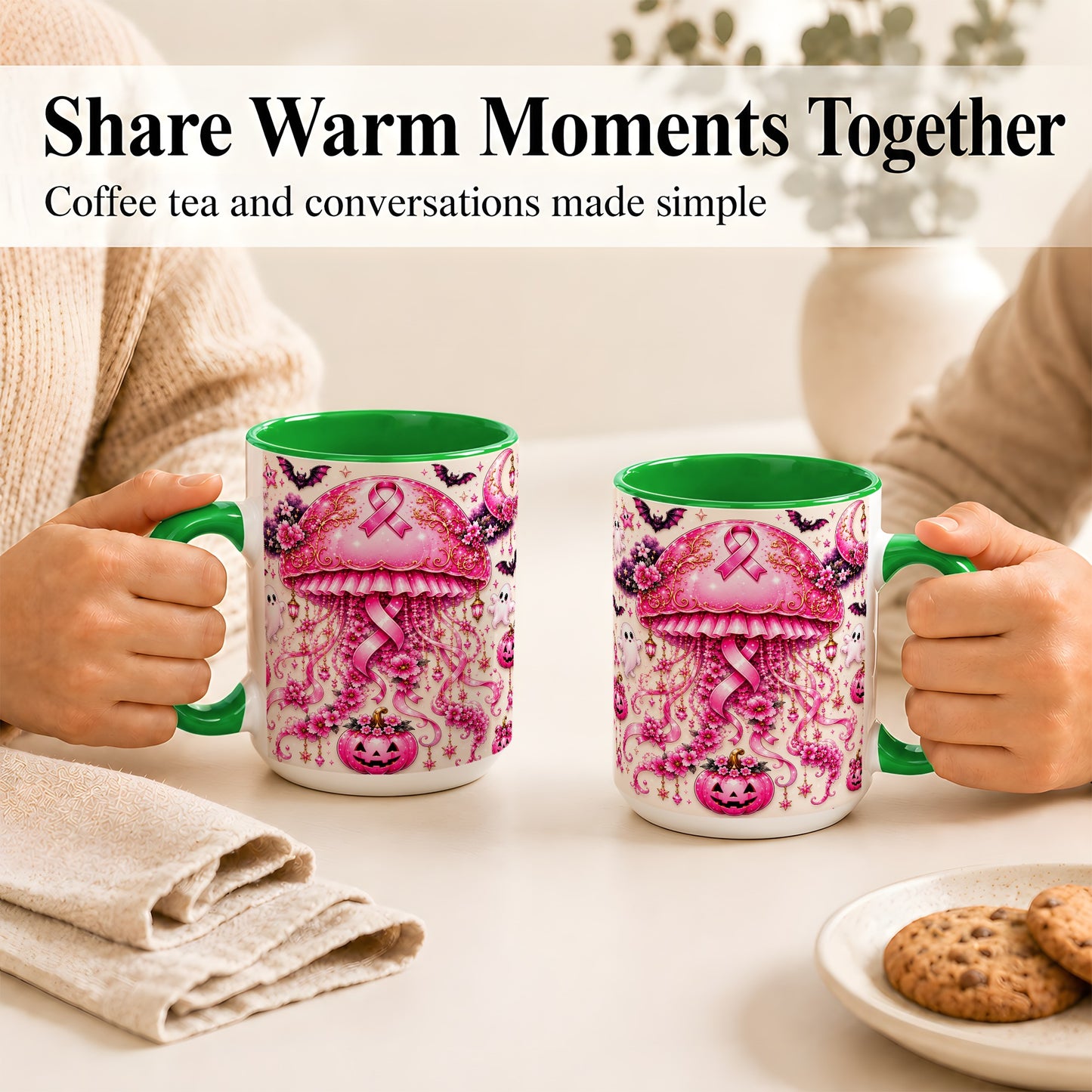 #pl[15oz|Green] Pink Ribbon Jellyfish Coffee Mug, Halloween Mug, Ceramic Cup