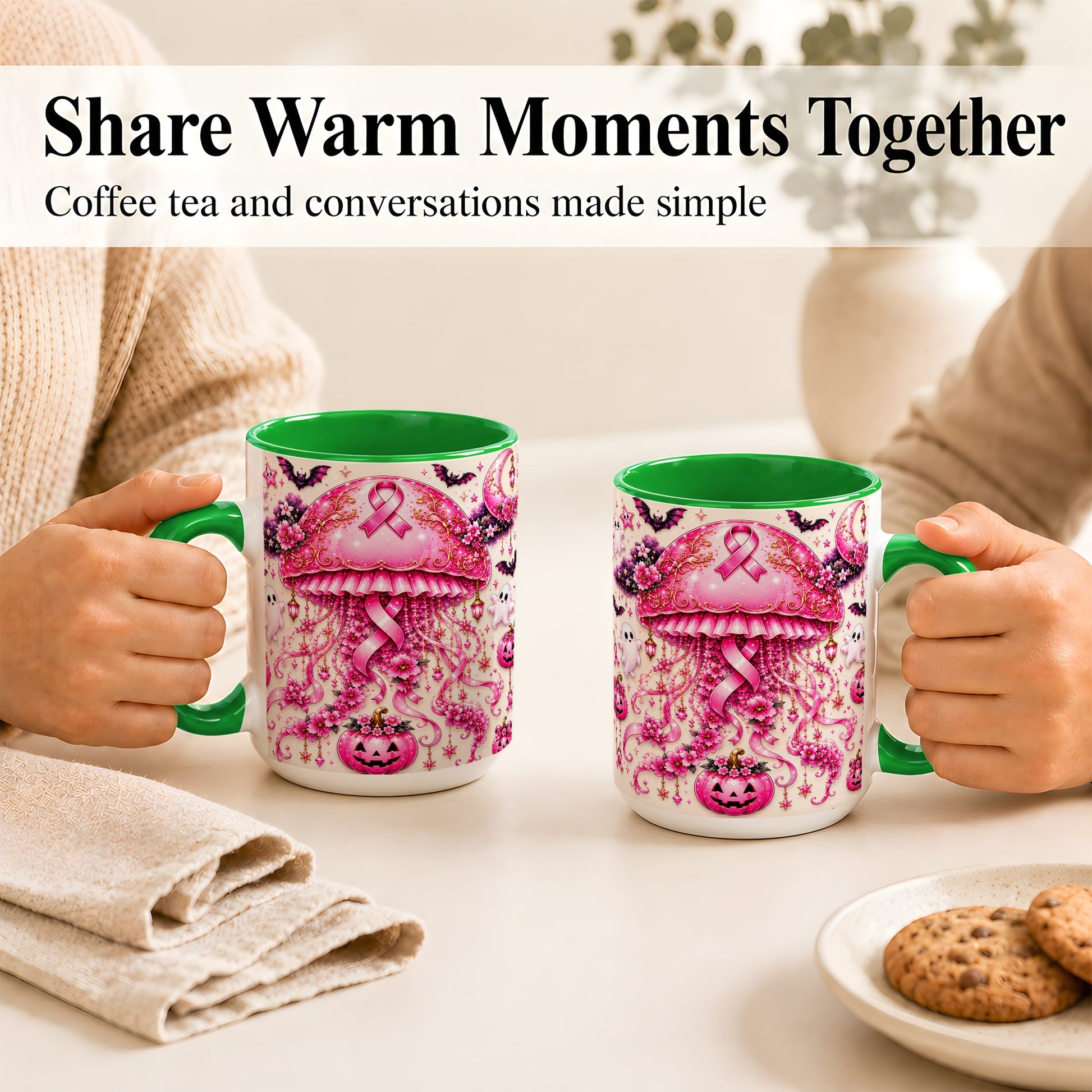 #pl[15oz|Green] Pink Ribbon Jellyfish Coffee Mug, Halloween Mug, Ceramic Cup