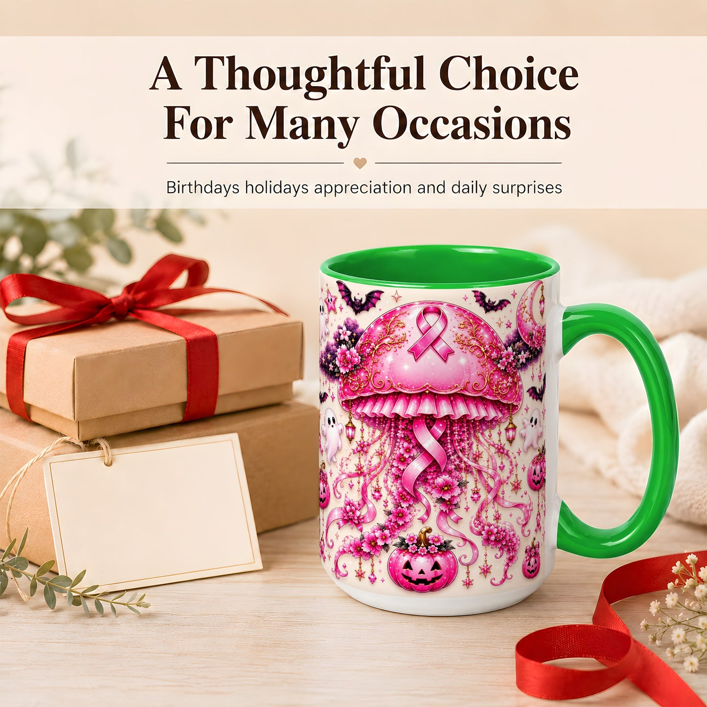 #pl[15oz|Green] Pink Ribbon Jellyfish Coffee Mug, Halloween Mug, Ceramic Cup