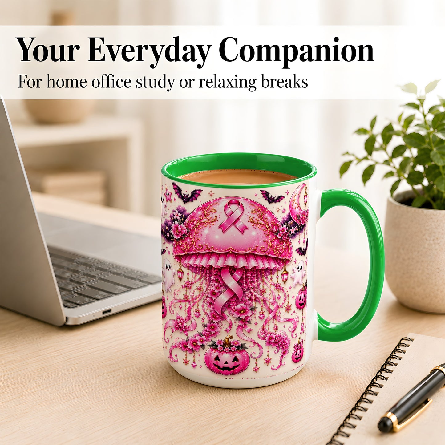 #pl[15oz|Green] Pink Ribbon Jellyfish Coffee Mug, Halloween Mug, Ceramic Cup