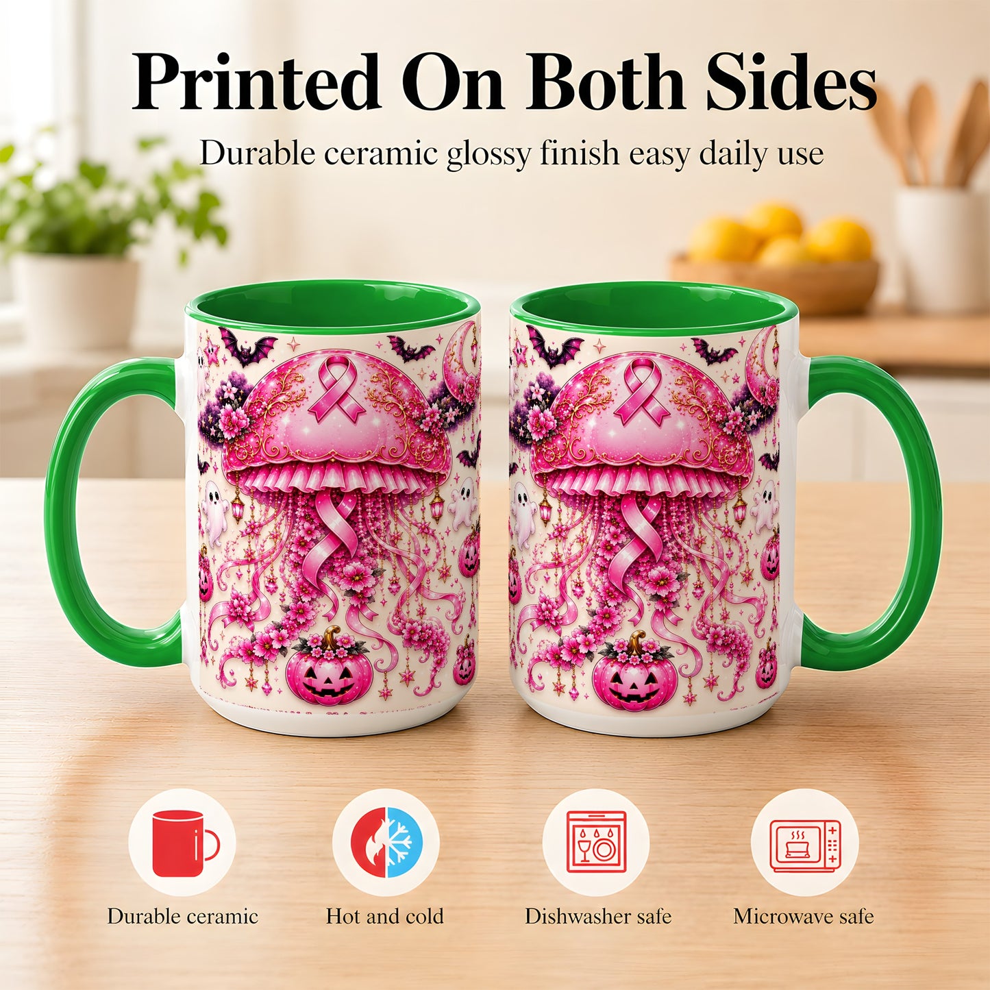 #pl[15oz|Green] Pink Ribbon Jellyfish Coffee Mug, Halloween Mug, Ceramic Cup