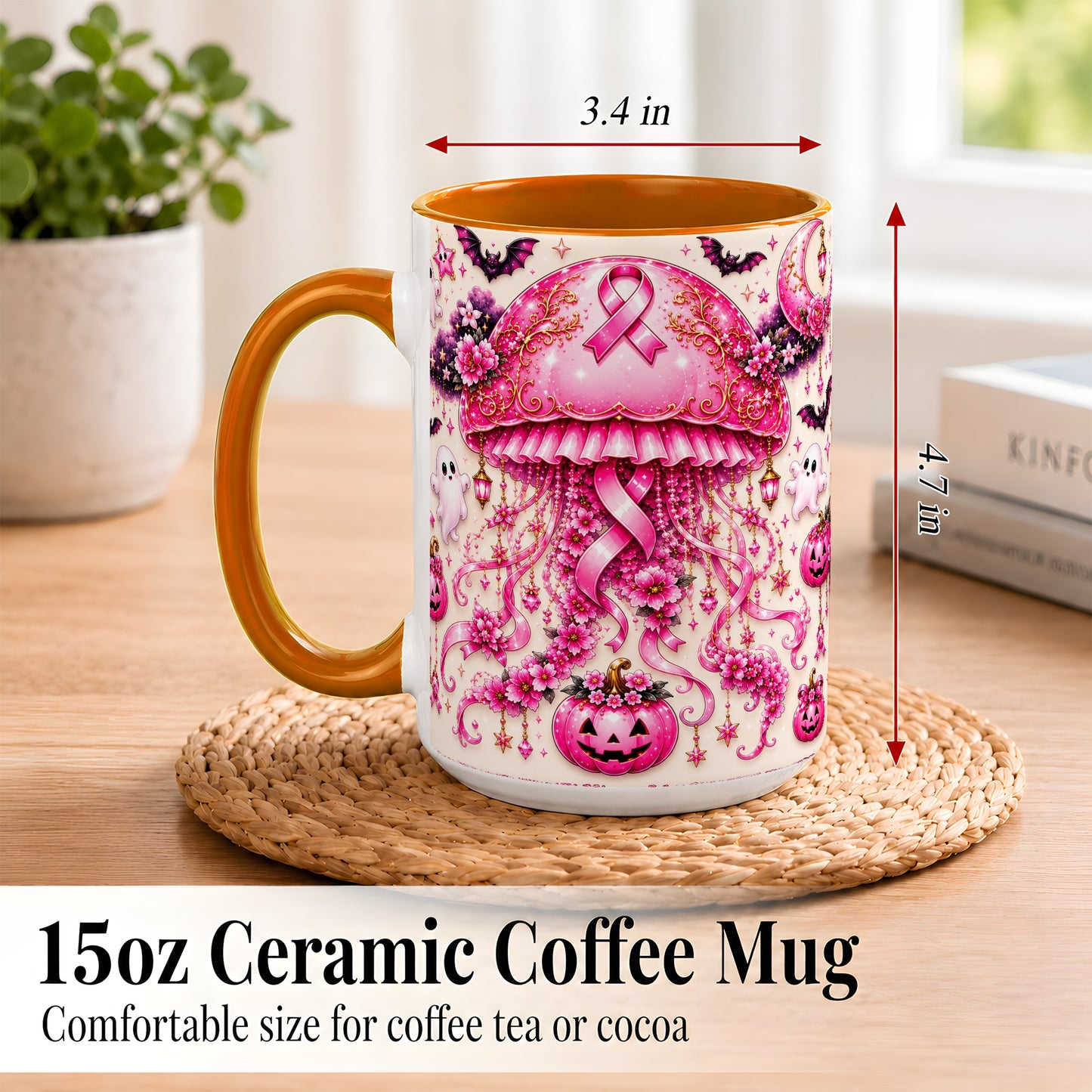 #pl[15oz|Orange] Pink Ribbon Jellyfish Coffee Mug, Halloween Mug, Ceramic Cup