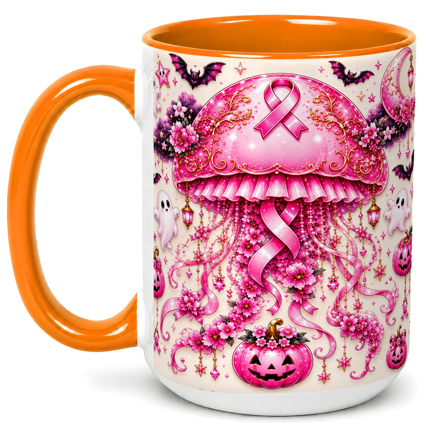 #pl[15oz|Orange] Pink Ribbon Jellyfish Coffee Mug, Halloween Mug, Ceramic Cup