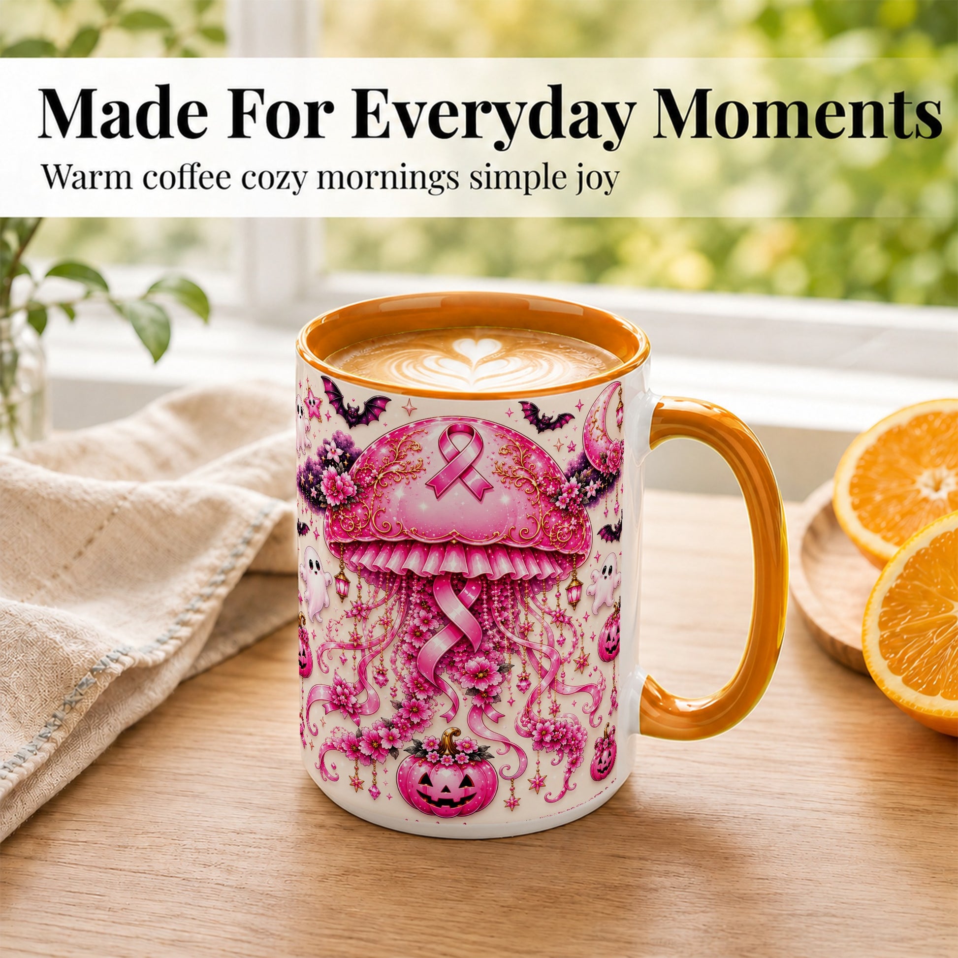 #pl[15oz|Orange] Pink Ribbon Jellyfish Coffee Mug, Halloween Mug, Ceramic Cup