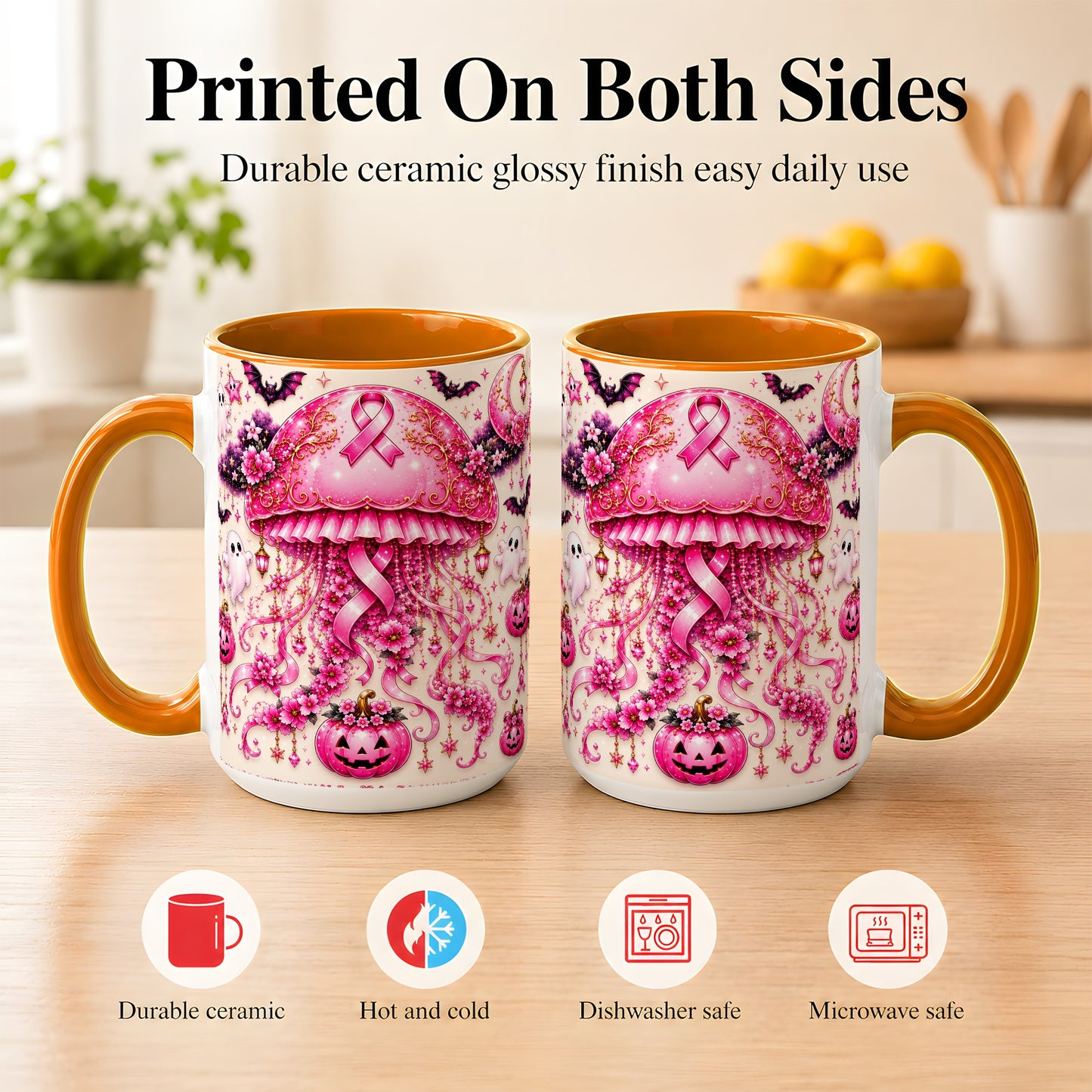 #pl[15oz|Orange] Pink Ribbon Jellyfish Coffee Mug, Halloween Mug, Ceramic Cup